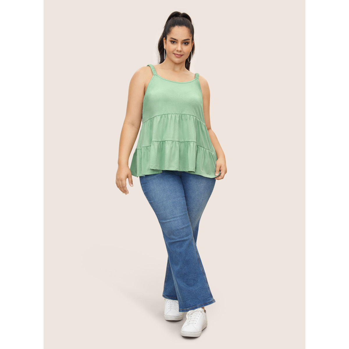 

Plus Size Solid Gathered Ruffle Layered Hem Cami Top Women Mint Casual Gathered U-neck Everyday Tank Tops Camis BloomChic