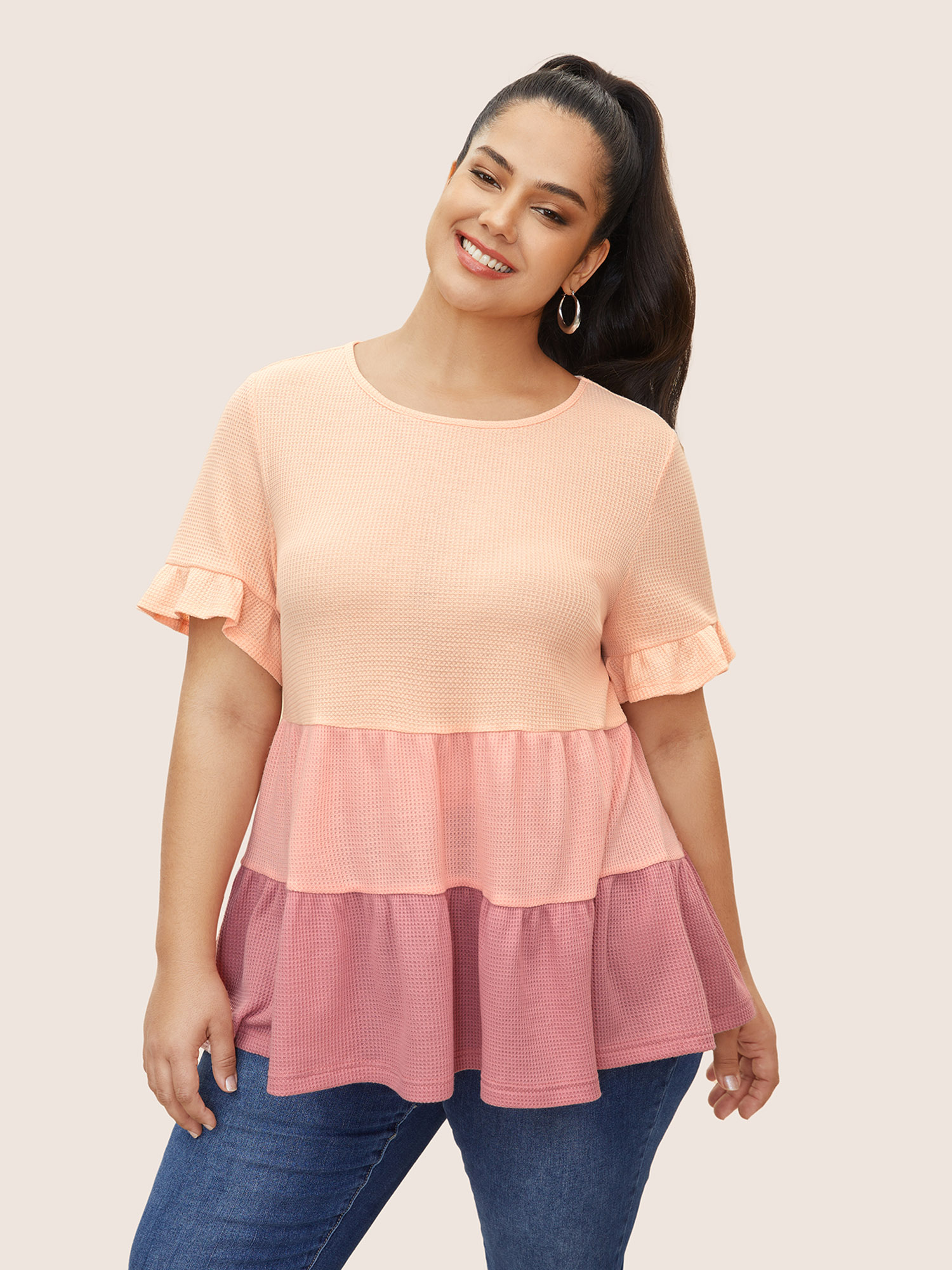 

Waffle Knit Contrast Ruffle Layered Hem T-shirt, Crepe