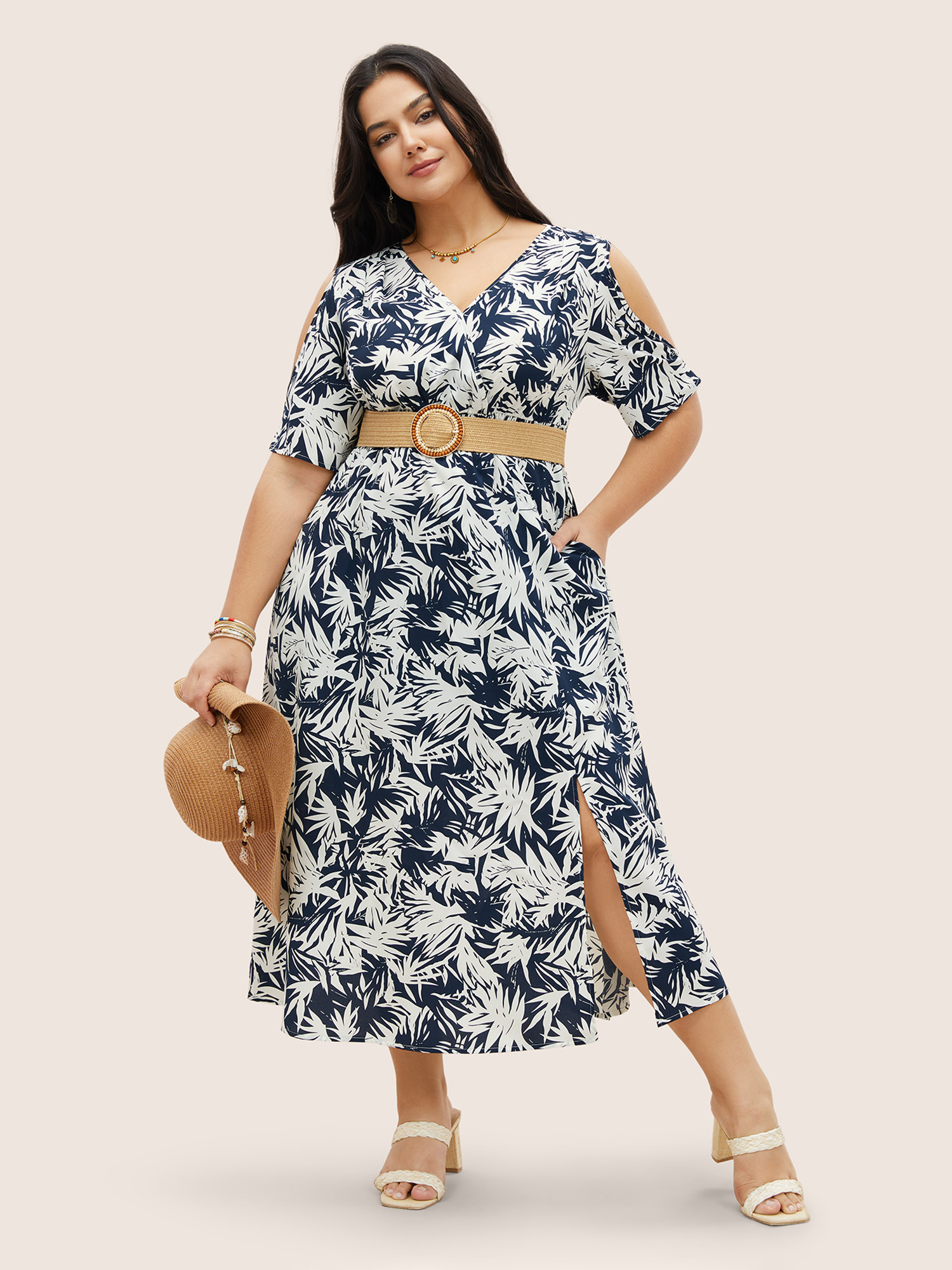 

Plus Size Tropical Print Overlap Collar Shirred Cut Out Dress DarkBlue Women Resort Overlapping Overlap Collar Short sleeve Curvy Midi Dress BloomChic