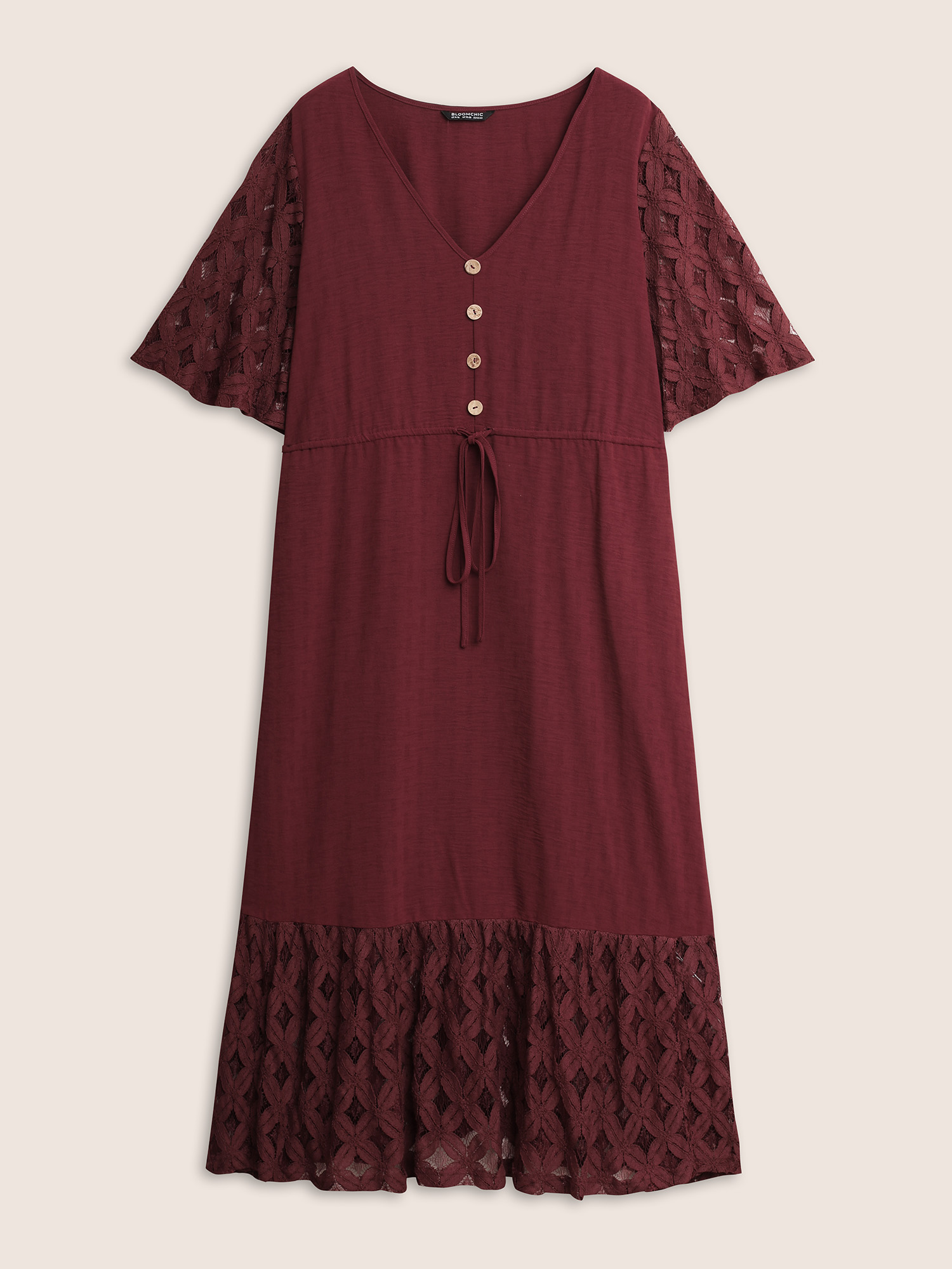 

Plus Size Crochet Lace Mesh Button Detail Drawstring Dress Burgundy Women Tie knot V-neck Half Sleeve Curvy Midi Dress BloomChic