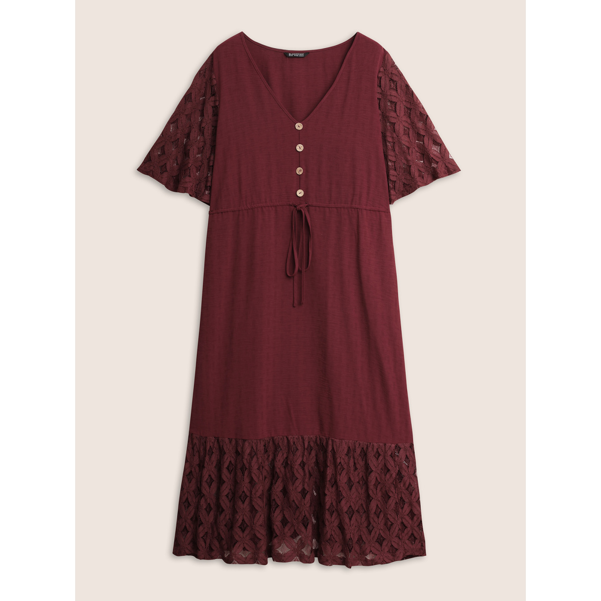 

Plus Size Crochet Lace Mesh Button Detail Drawstring Dress Burgundy Women Tie knot V-neck Half Sleeve Curvy Midi Dress BloomChic