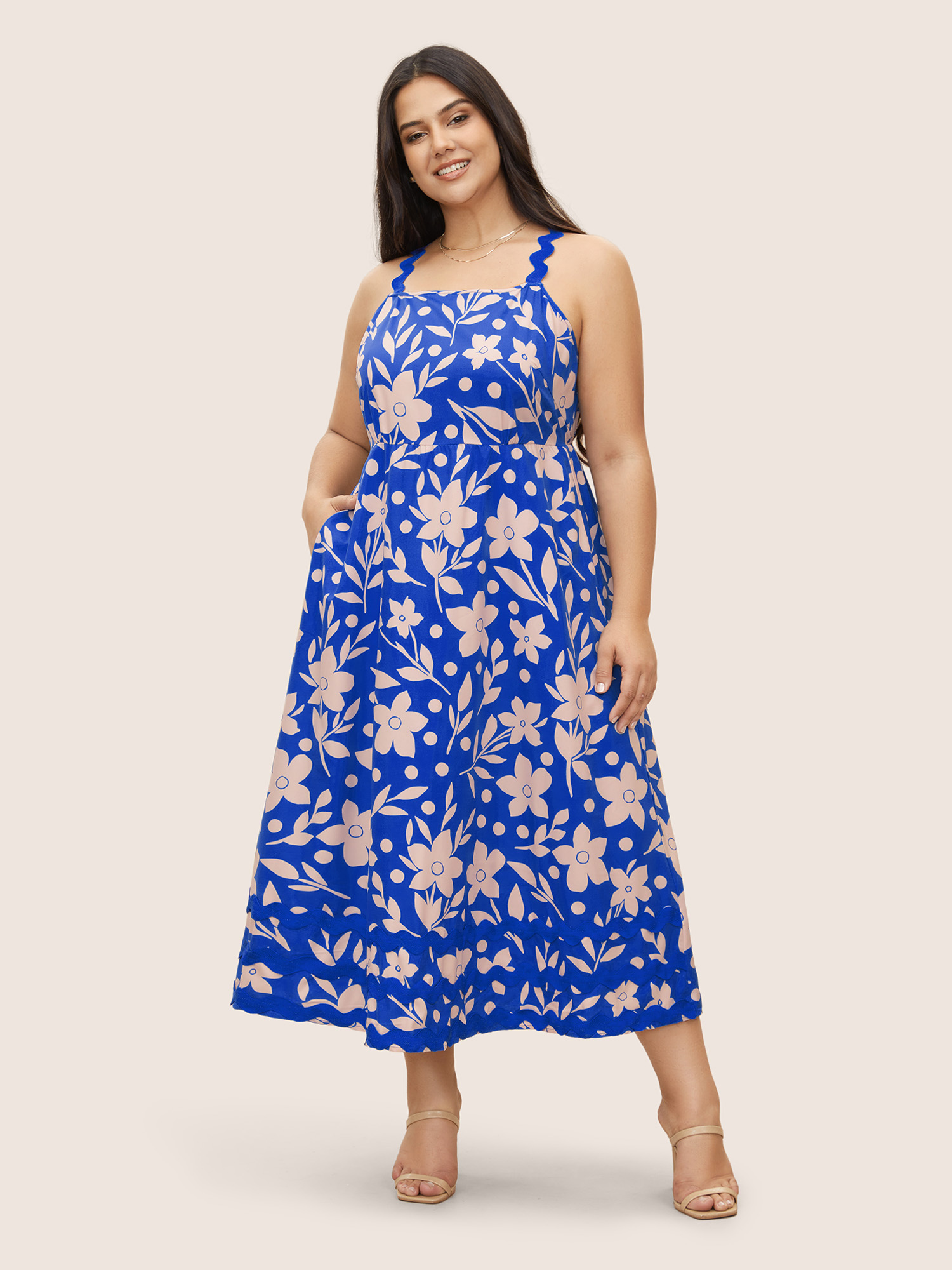 

Plus Size Floral Print Wavy Trim Elastic Waist Dress Blue Women Non Curvy Midi Dress BloomChic