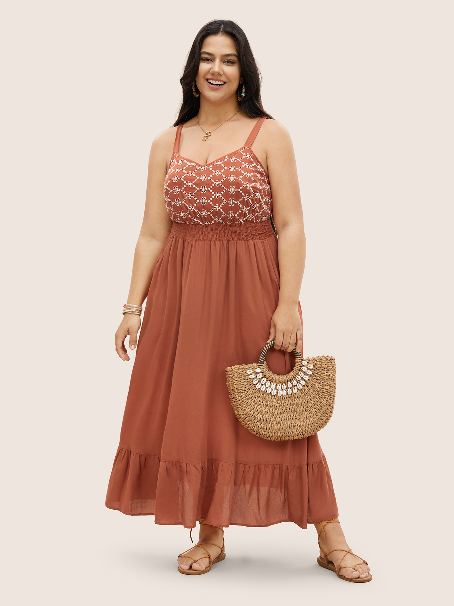 

Plus Size Floral Embroidered Shirred Patchwork Ruffle Hem Dress Coral Women Woven ribbon&lace trim Curvy Midi Dress BloomChic