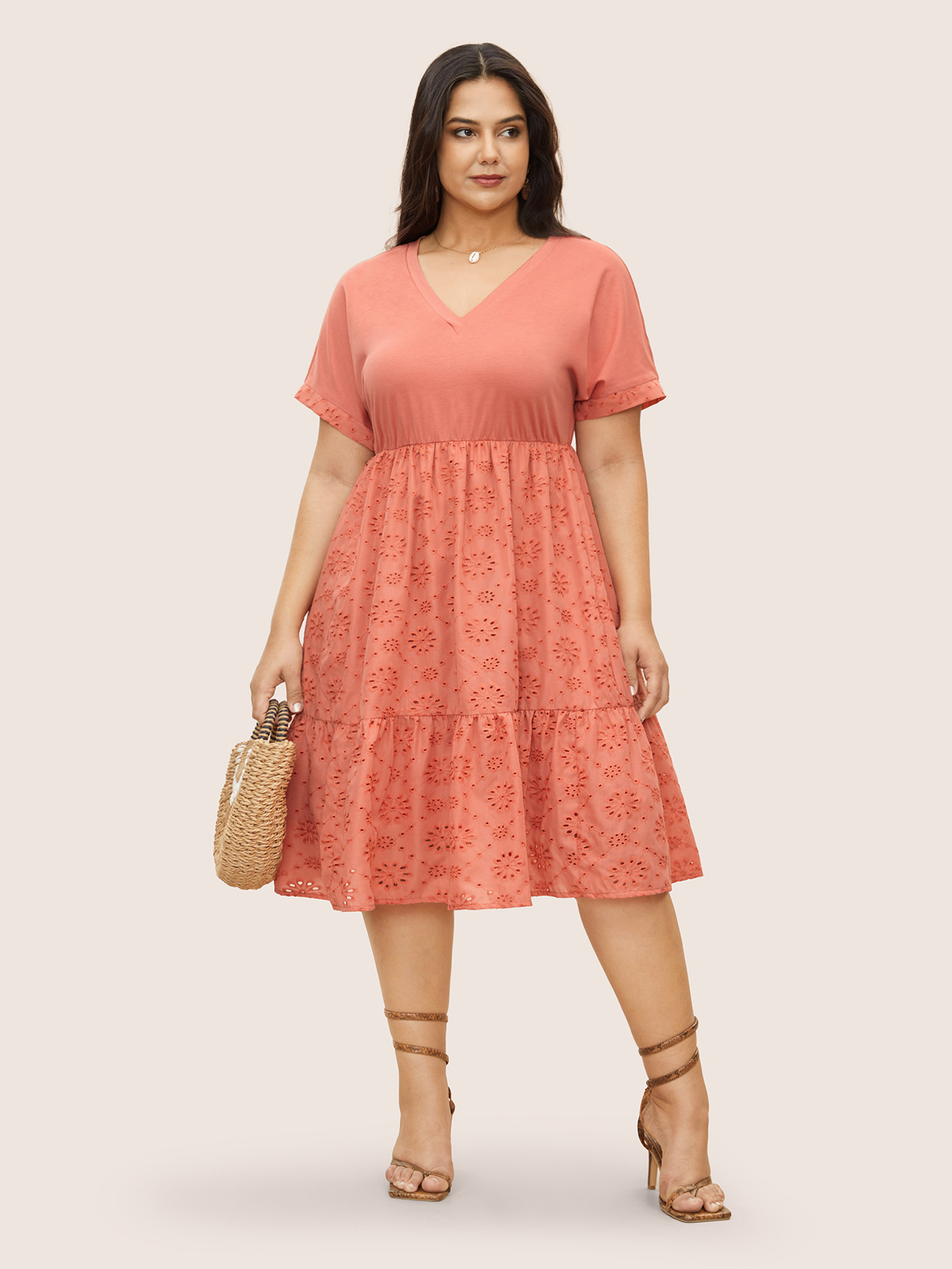 

Plus Size Plisse Broderie Anglaise Patchwork Ruffle Hem Dress Coral Women Resort Texture V-neck Short sleeve Curvy Midi Dress BloomChic