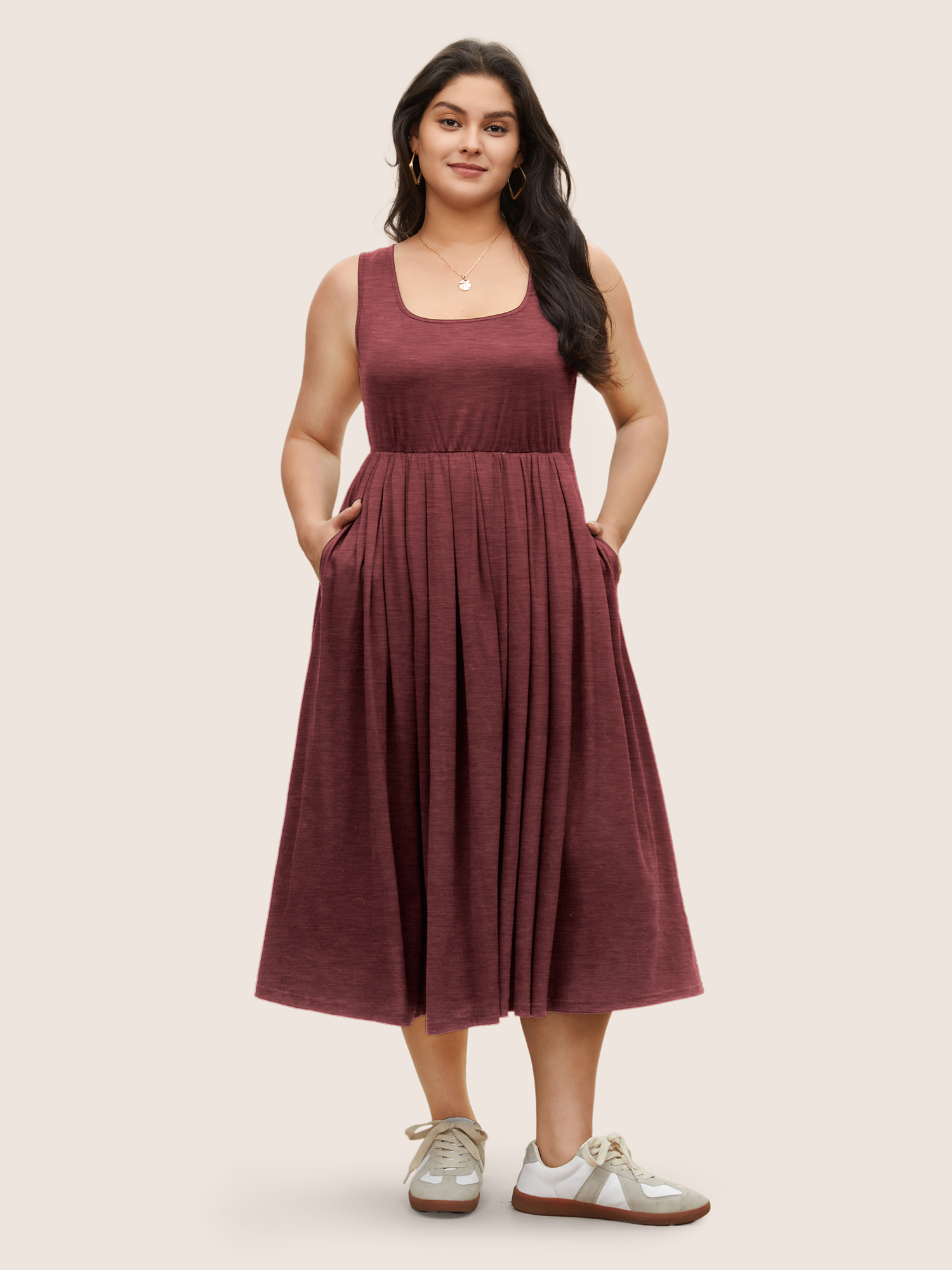 

Plus Size Supersoft Essentials Solid Gathered Tank Dress Russet Women Basics Non U-neck Sleeveless Curvy Midi Dress BloomChic