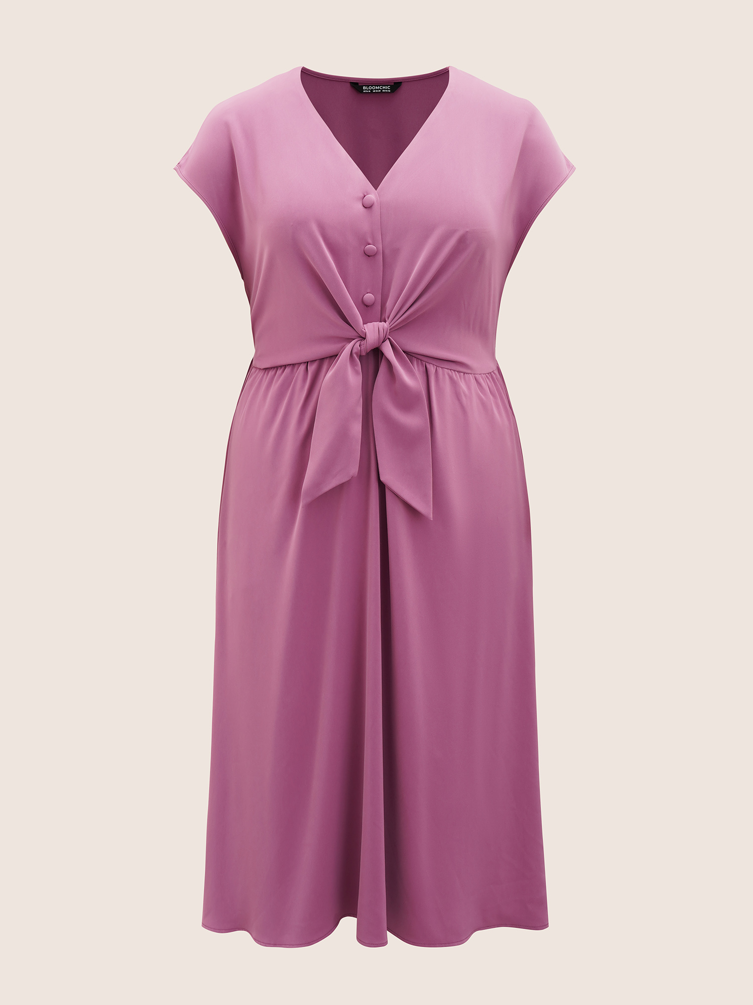 

Plus Size Plain Dolman Sleeve Tie Knot Button Up Dress Lilac Women Tie knot Curvy Midi Dress BloomChic