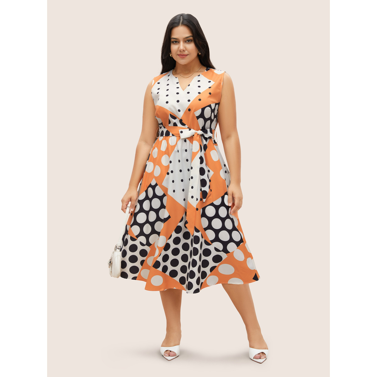 

Plus Size Polka Dot Contrast Notched Collar Belted Dress Orange Women Belted Curvy Midi Dress BloomChic