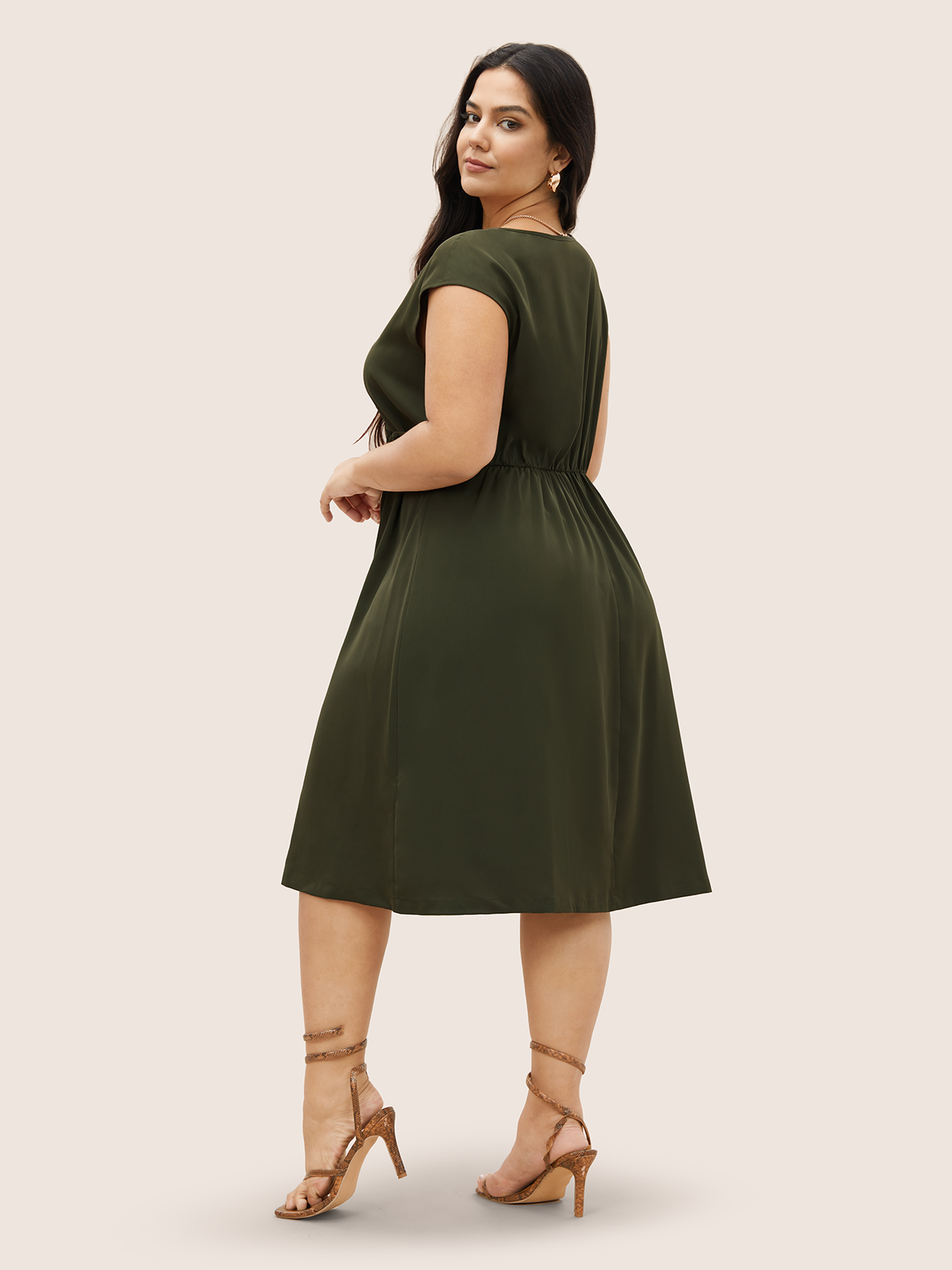 

Plus Size Plain Buckle Detail Overlap Collar Cap Sleeve Dress ArmyGreen Women At the Office Overlapping Overlap Collar Cap Sleeve Curvy Midi Dress BloomChic