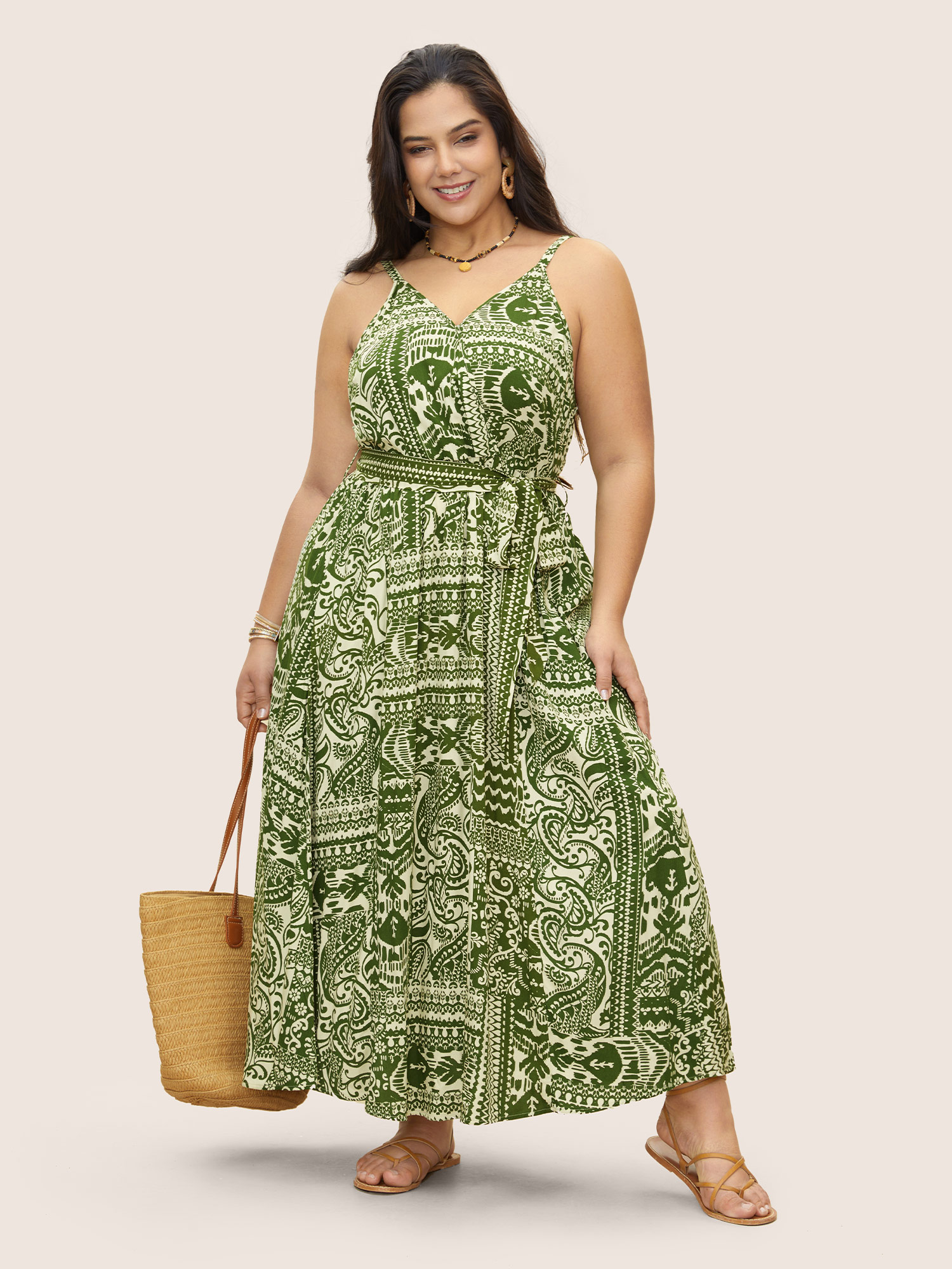 

Plus Size Paisley Print Surplice Neck Belted Dress Moss Women Belted Curvy Long Dress BloomChic