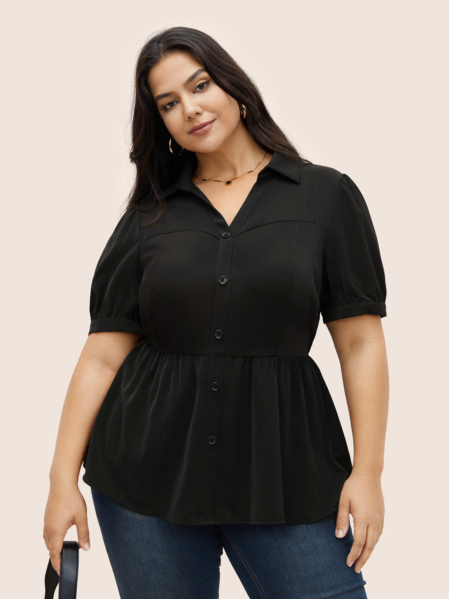 

Plus Size Black Shirt Collar Solid Button Detail Gathered Blouse Women At the Office Short sleeve Shirt collar Work Blouses BloomChic