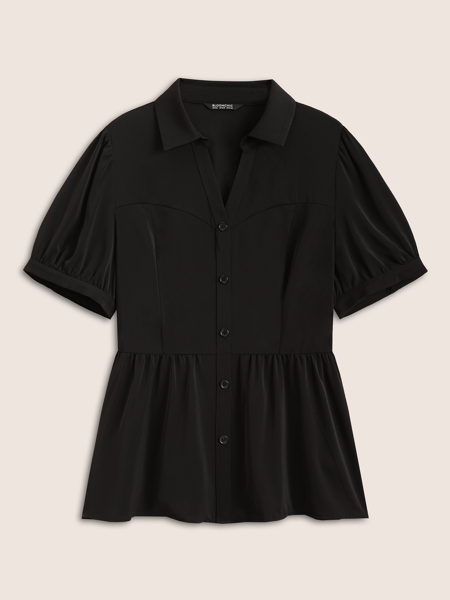 

Plus Size Black Shirt Collar Solid Button Detail Gathered Blouse Women At the Office Short sleeve Shirt collar Work Blouses BloomChic