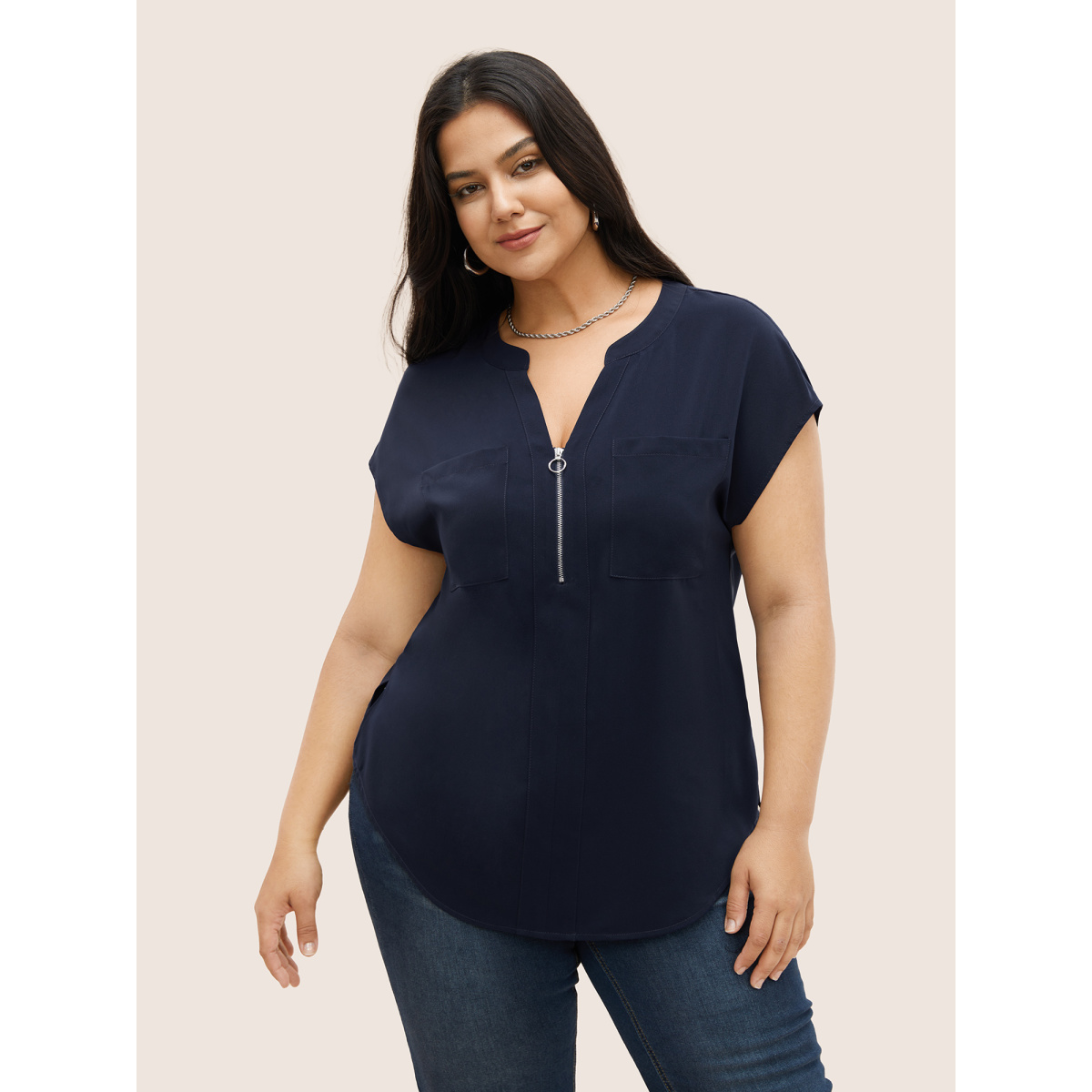

Plus Size Indigo Plain Half Zip Patched Pocket Dolman Sleeve Blouse Women At the Office Short sleeve Flat collar Work Blouses BloomChic