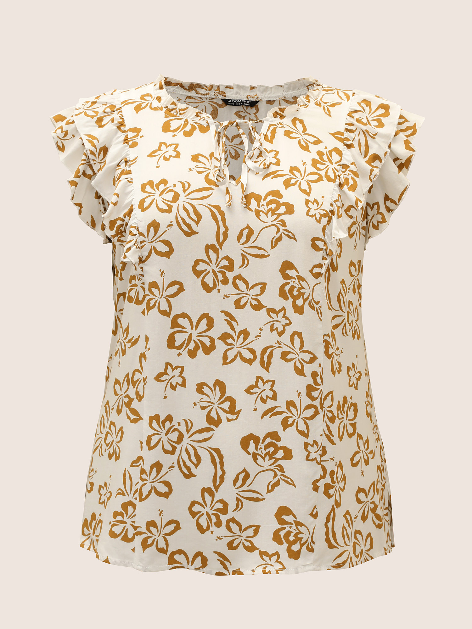 Plus Size White Silhouette Floral Print Tiered Ruffle Cap Sleeve Blouse Women Resort Cap Sleeve V-neck Vacation Blouses BloomChic 26/4X 