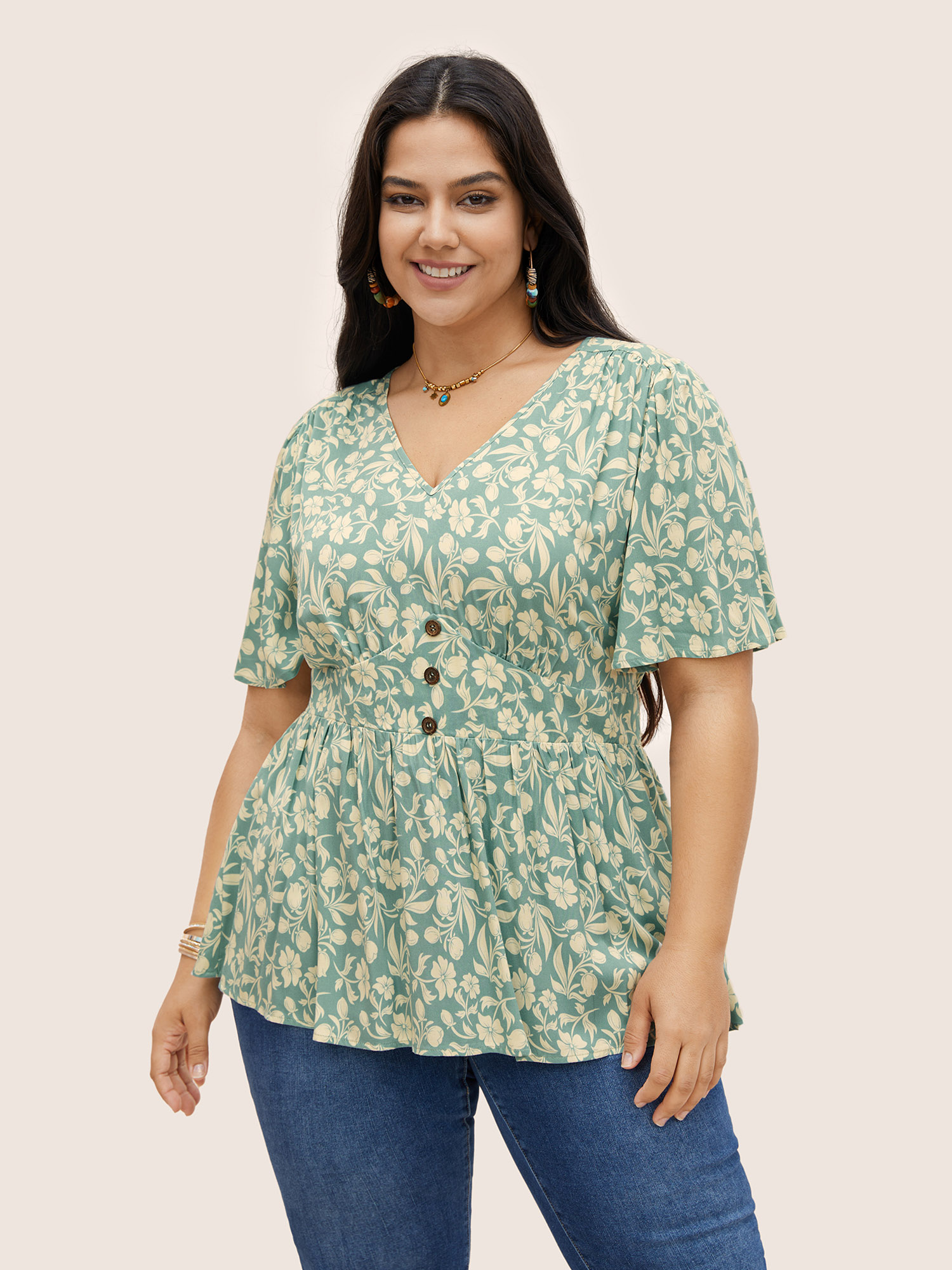 

Plus Size Turquoise Floral Gathered Button Detail Flutter Sleeve Blouse Women Resort Short sleeve V-neck Vacation Blouses BloomChic