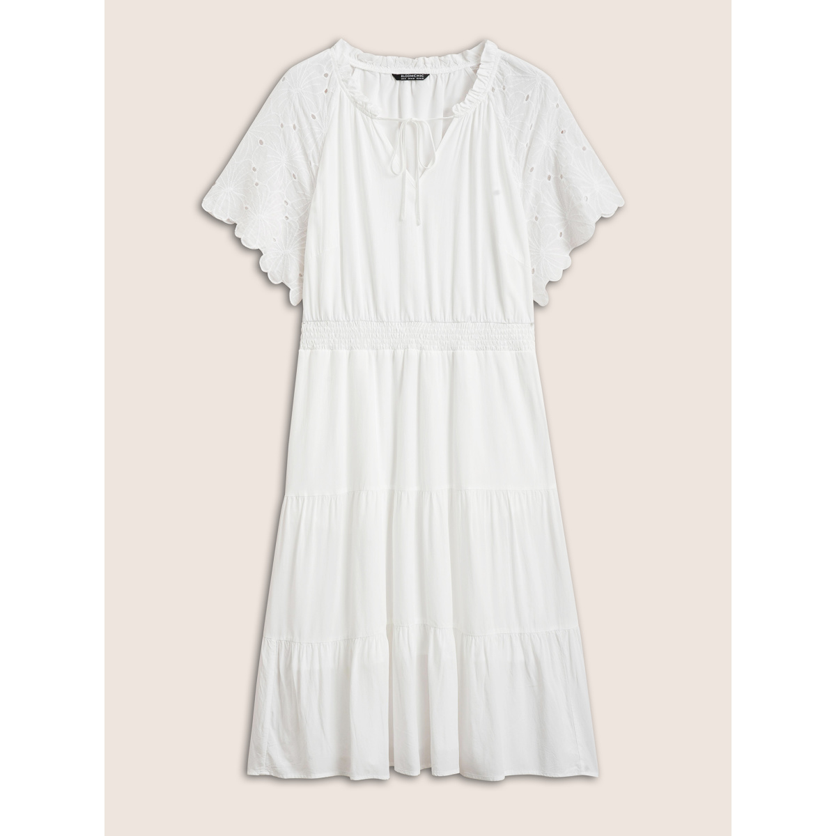 

Plus Size Notched Collar Raglan Sleeve Ruffle Layered Hem Dress White Women Tie knot Curvy Midi Dress BloomChic