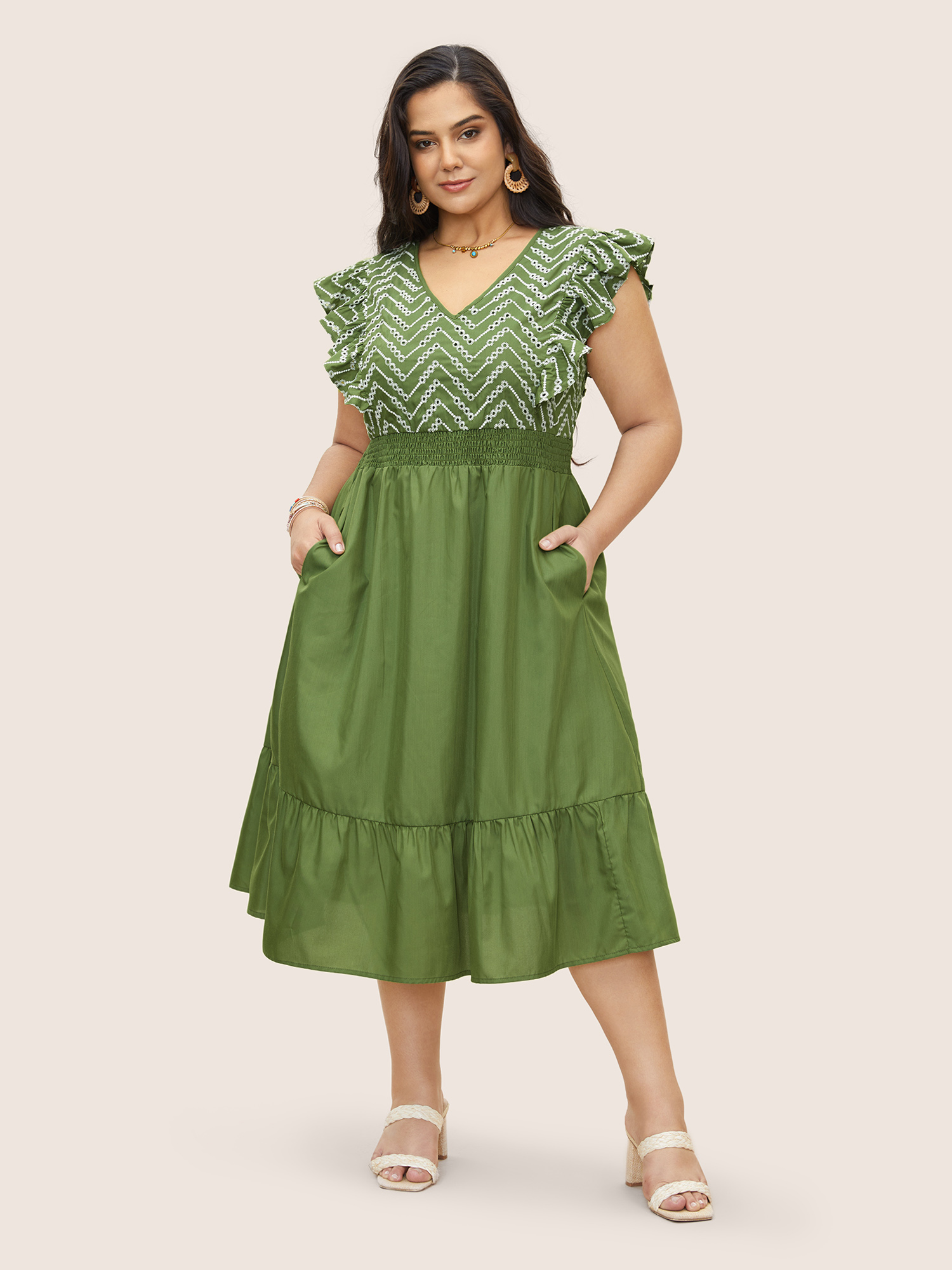 

Plus Size Floral Embroidered Shirred Ruffle Cap Sleeve Dress Moss Women Texture Curvy Midi Dress BloomChic