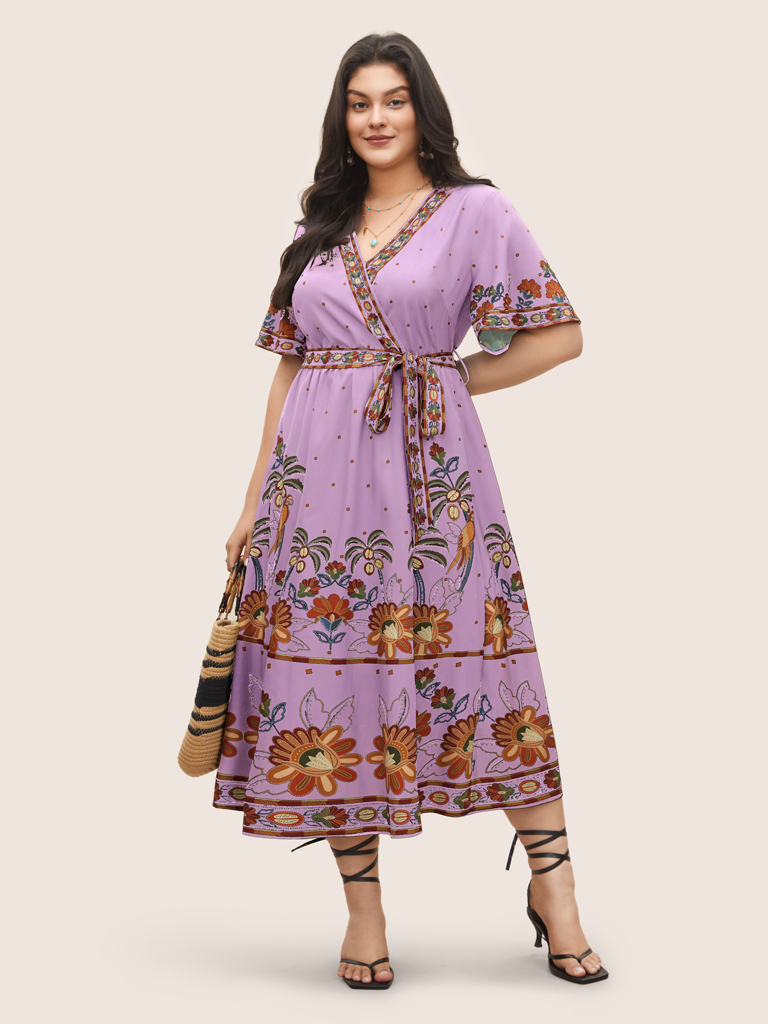 

Plus Size Bandana Print Surplice Neck Flutter Sleeve Dress Lilac Women Resort Non V-neck Short sleeve Curvy Midi Dress BloomChic