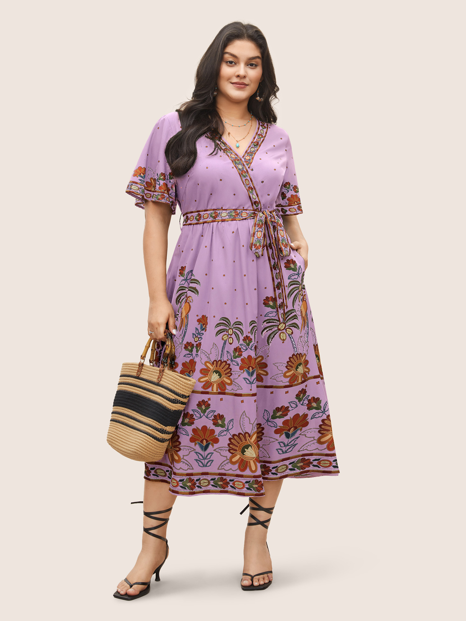

Plus Size Bandana Print Surplice Neck Flutter Sleeve Dress Lilac Women Non V-neck Short sleeve Curvy Midi Dress BloomChic