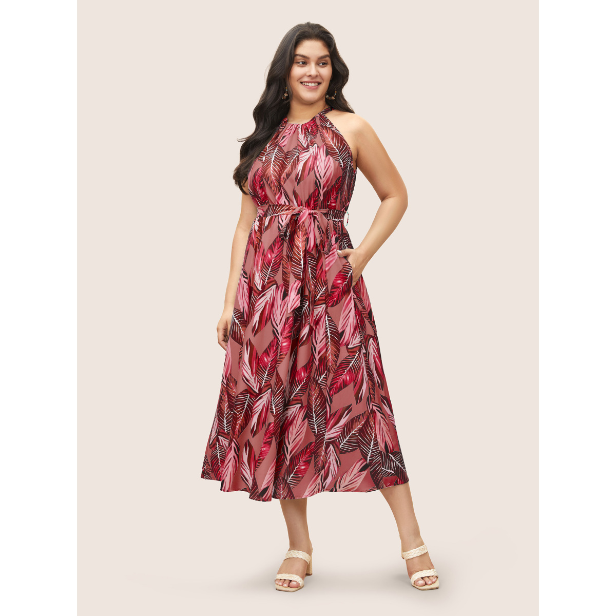 

Plus Size Tropical Print Knotted Pocket Ruffles Belted Halter Dress Rouge Women Non Halter neck Sleeveless Curvy Midi Dress BloomChic