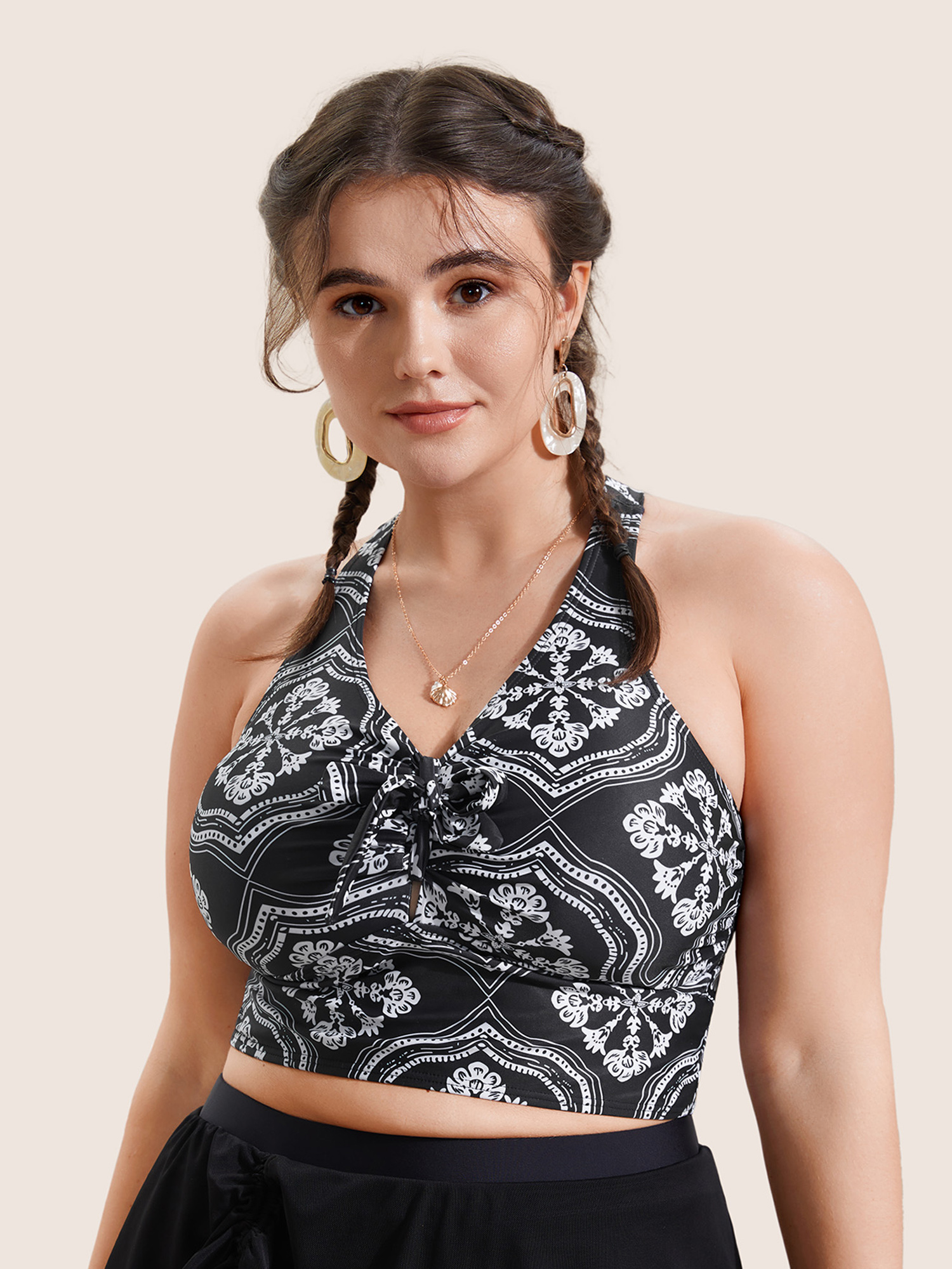 

Plus Size Bandana Print Bowknot Adjustable Straps Swim Top Women's Swimwear Black Beach Tie knot High stretch Skinny V-neck Curve Swim Tops BloomChic