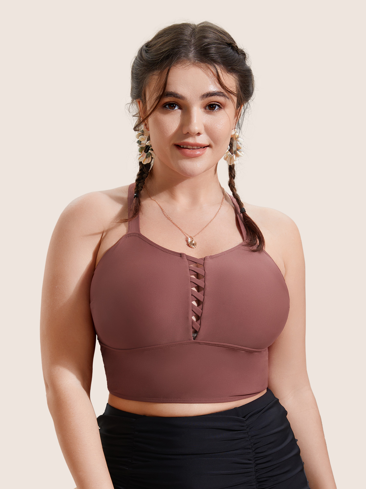 

Plus Size Solid Crisscross Neck Adjustable Straps Swim Top Women's Swimwear Russet Beach Cut-Out High stretch Skinny Heart neckline Curve Swim Tops BloomChic