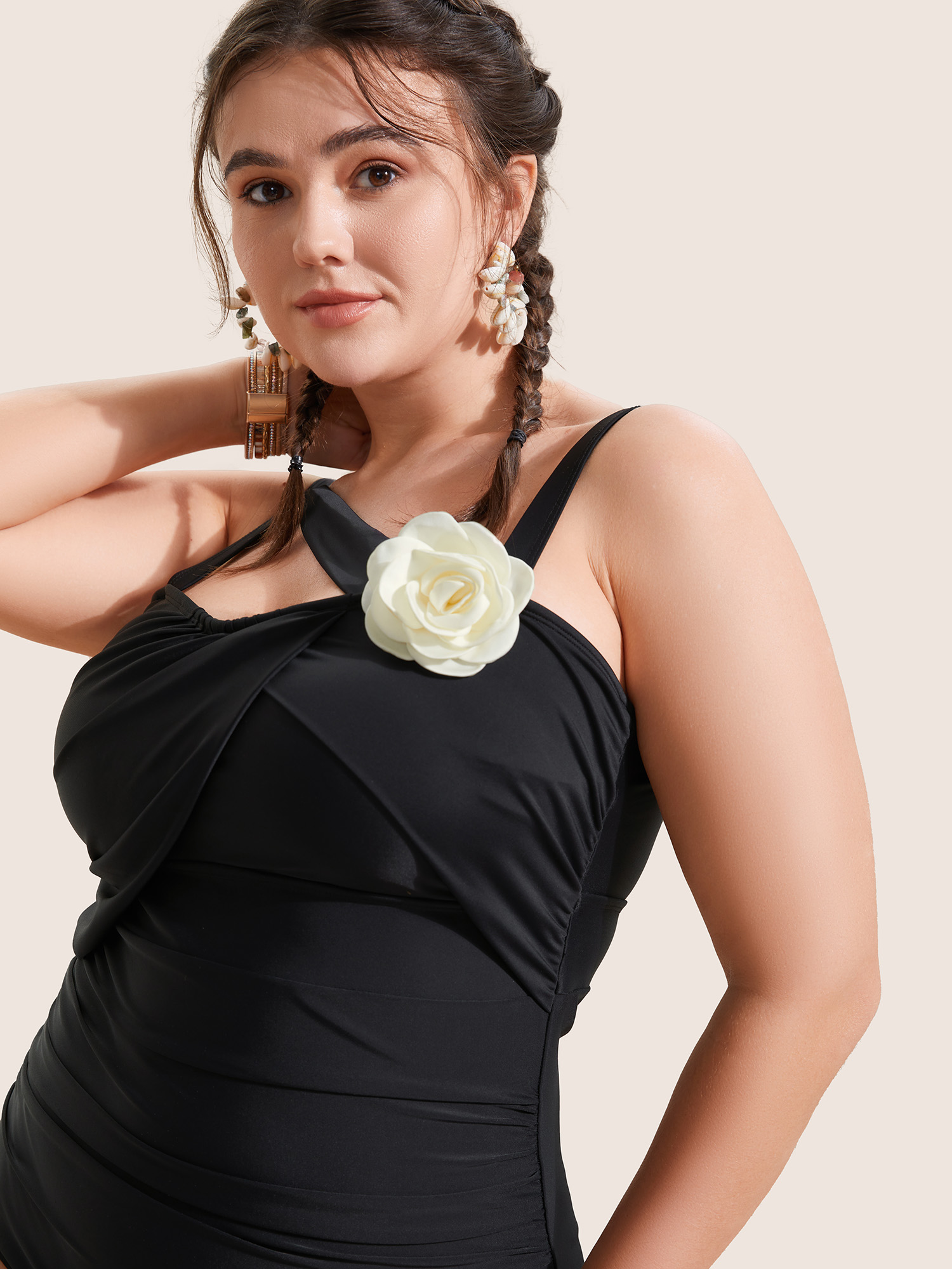 Plus Size Stereo Flower Asymmetrical Ruched One Piece Swimsuit Women`s Swimwear Black Beach Overlapping Curve Bathing Suits High stretch One Pieces BloomChic 18-20/2X 