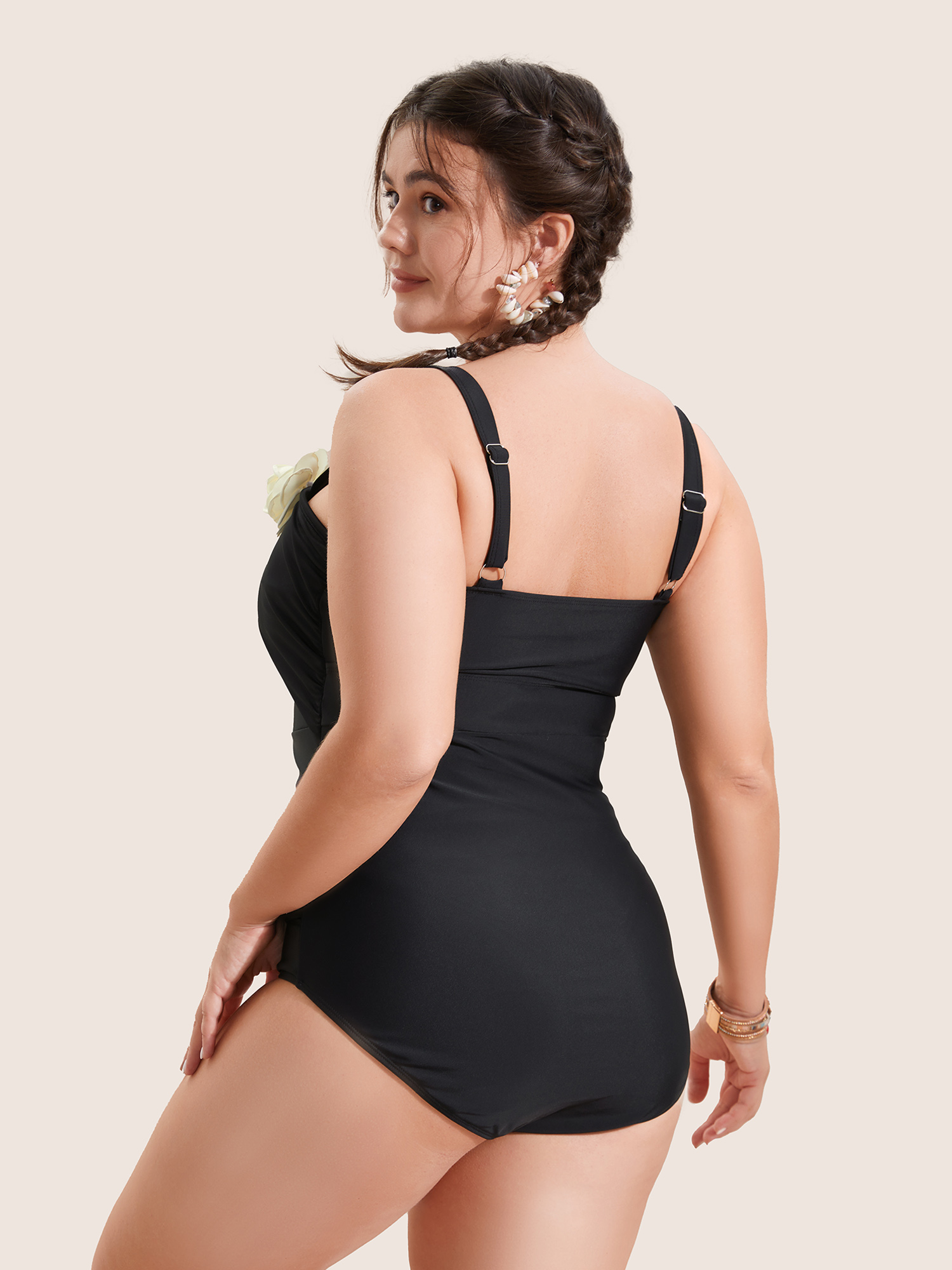 Plus Size Stereo Flower Asymmetrical Ruched One Piece Swimsuit Women`s Swimwear Black Beach Overlapping Curve Bathing Suits High stretch One Pieces BloomChic 18-20/2X 