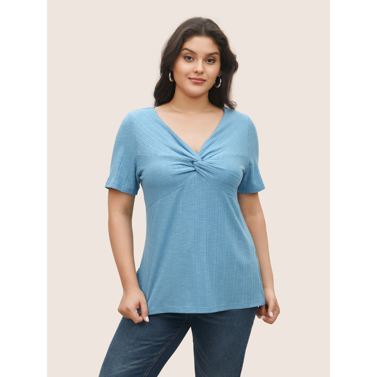 

Plus Size Solid Rib Knit Twist Front T-shirt Blue Women Casual Twist V-neck Everyday T-shirts BloomChic