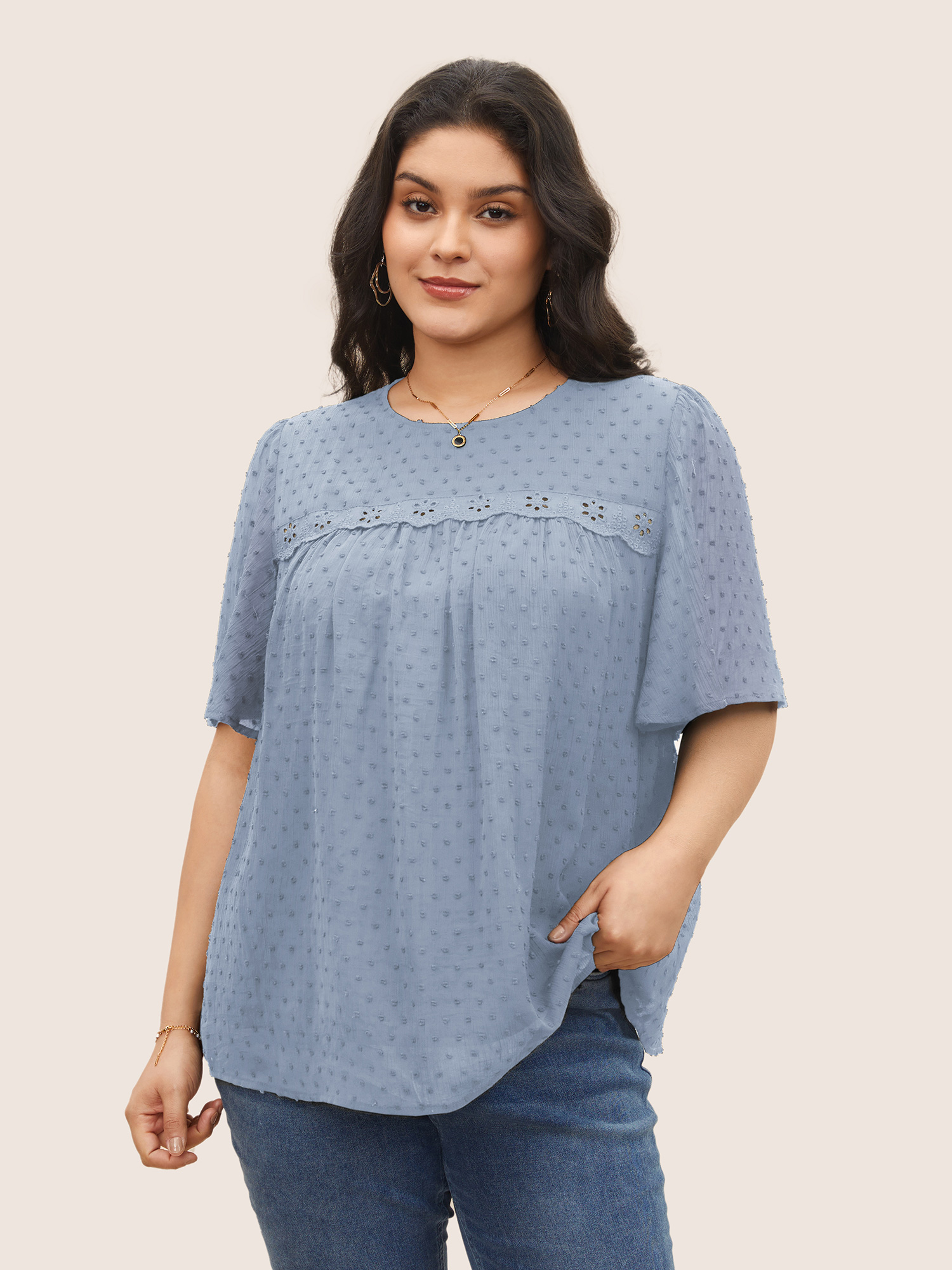 

Plus Size LightBlue Solid Texture Lace Trim See Through Gathered Blouse Women Elegant Short sleeve Round Neck Everyday Blouses BloomChic