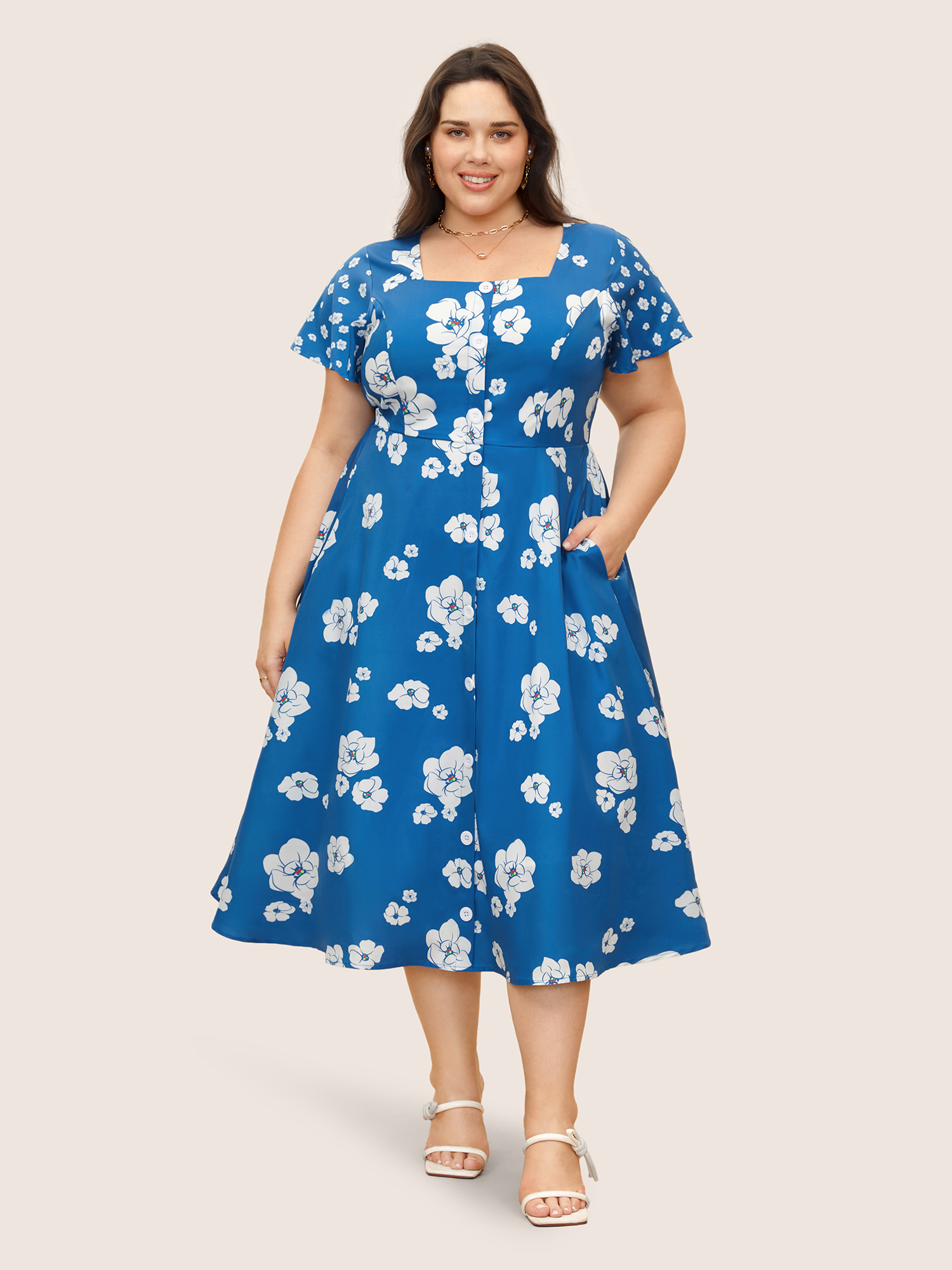

Plus Size Square Neck Natural Flowers Ruffle Sleeve Dress Blue Women Elegant Button Square Neck Short sleeve Curvy BloomChic