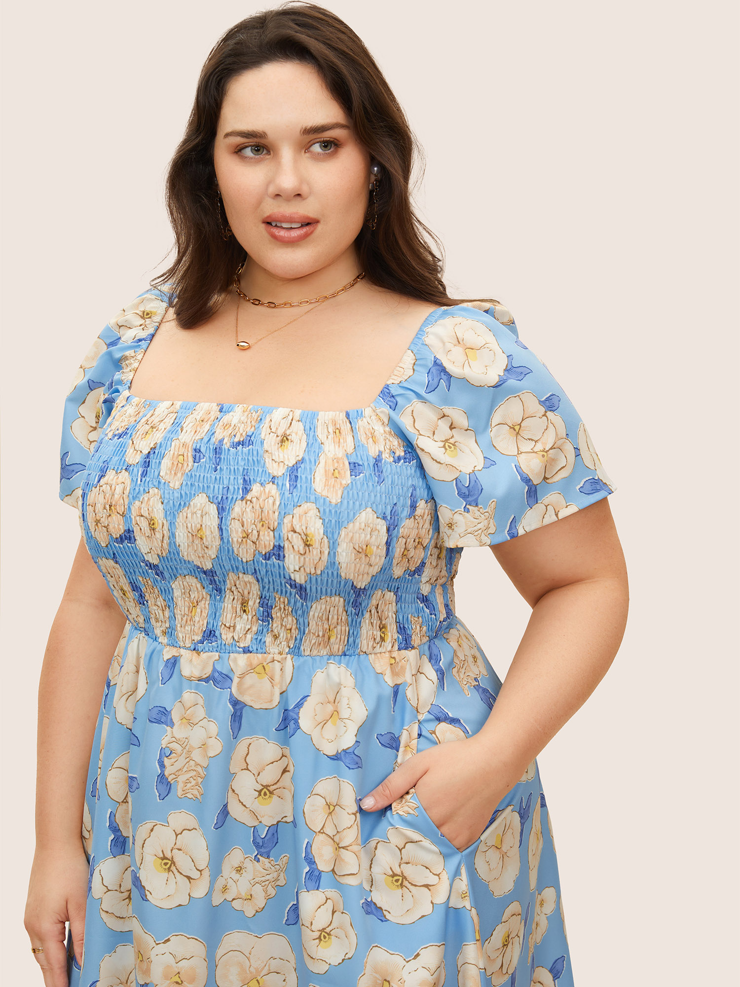 

Plus Size Floral Square Neck Shirred Ruffle Sleeve Dress Skyblue Women Shirred Square Neck Short sleeve Curvy BloomChic