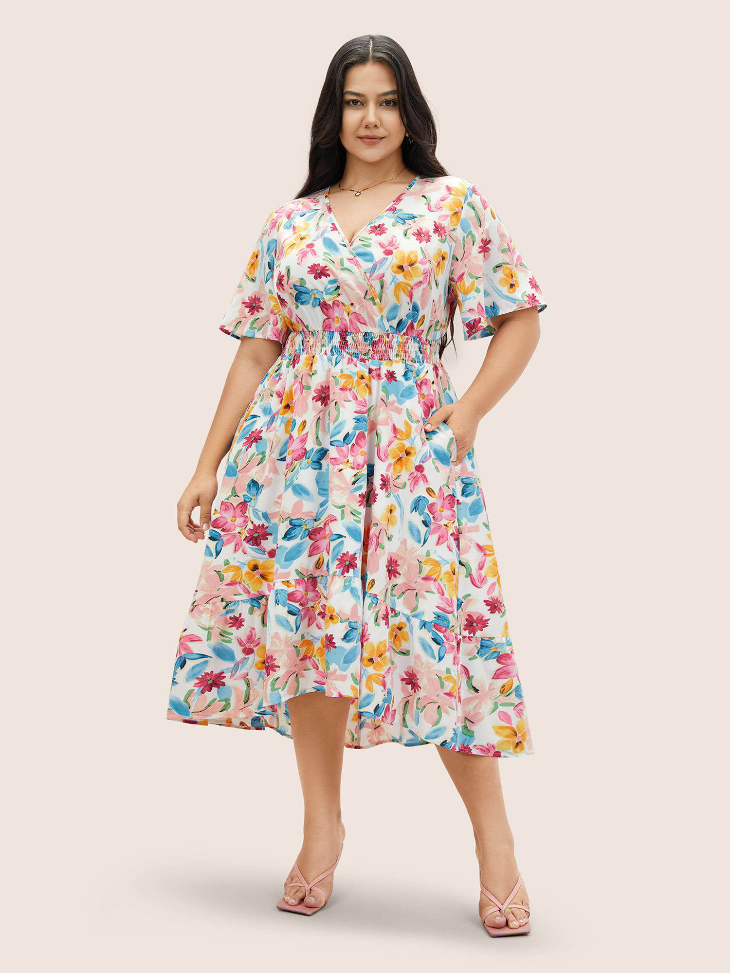 

Plus Size Floral Overlap Collar Shirred Ruffle Sleeve Dress White Women Elegant Overlapping Overlap Collar Short sleeve Curvy BloomChic