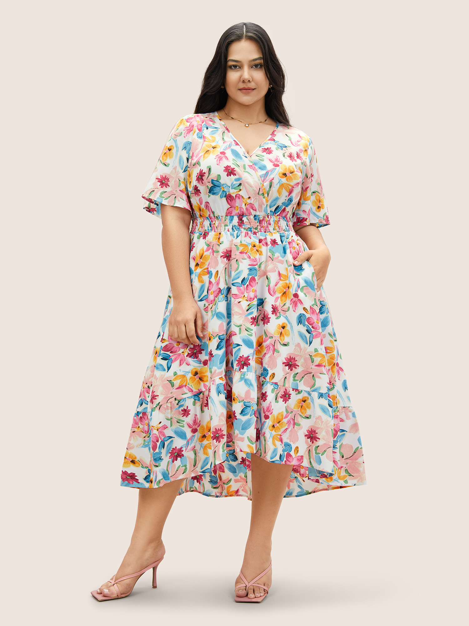 

Plus Size Floral Overlap Collar Shirred Ruffle Sleeve Dress White Women Elegant Overlapping Overlap Collar Short sleeve Curvy BloomChic