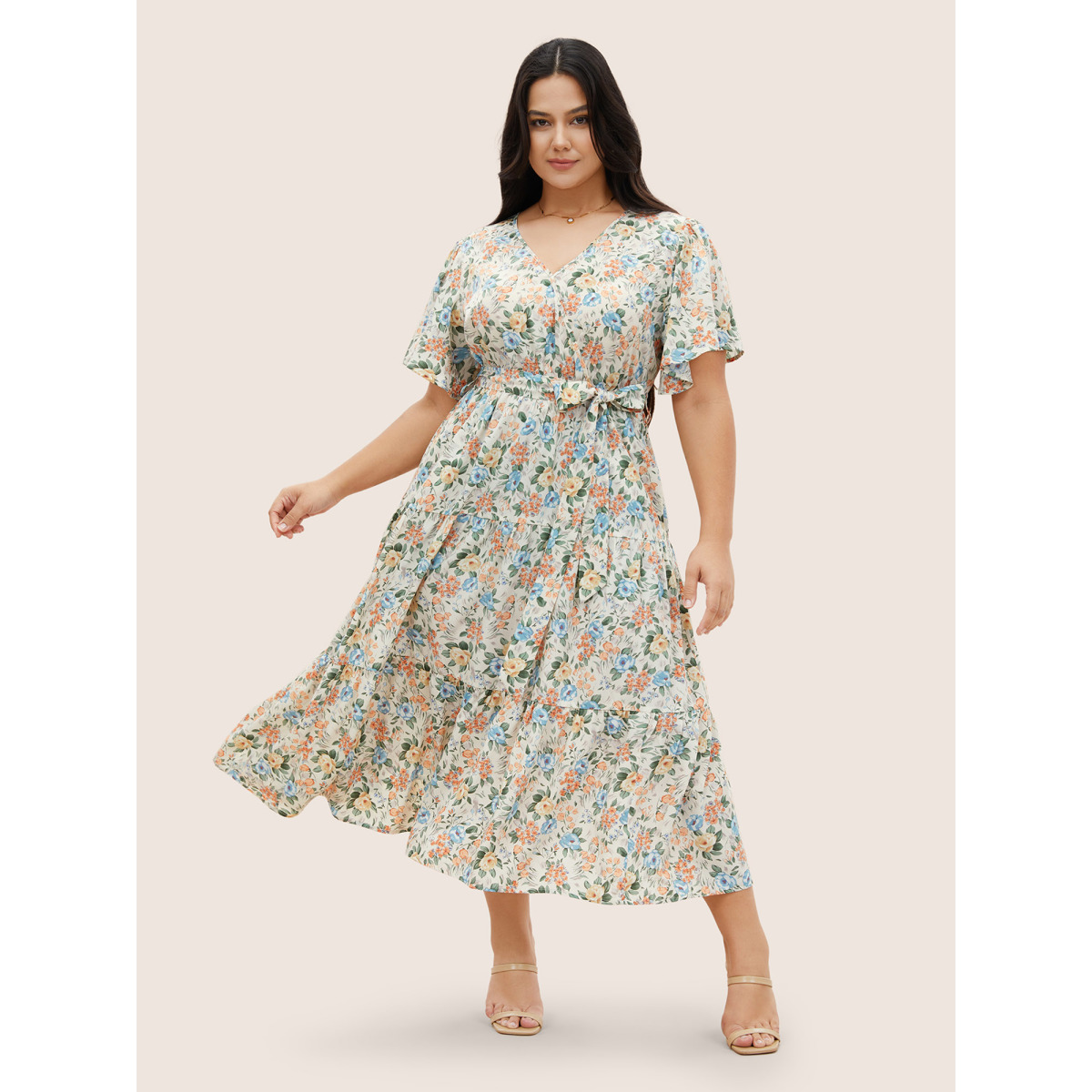 

Plus Size Floral Overlap Collar Ruffle Sleeve Belted Dress Apricot Women Overlapping V-neck Short sleeve Curvy Midi Dress BloomChic