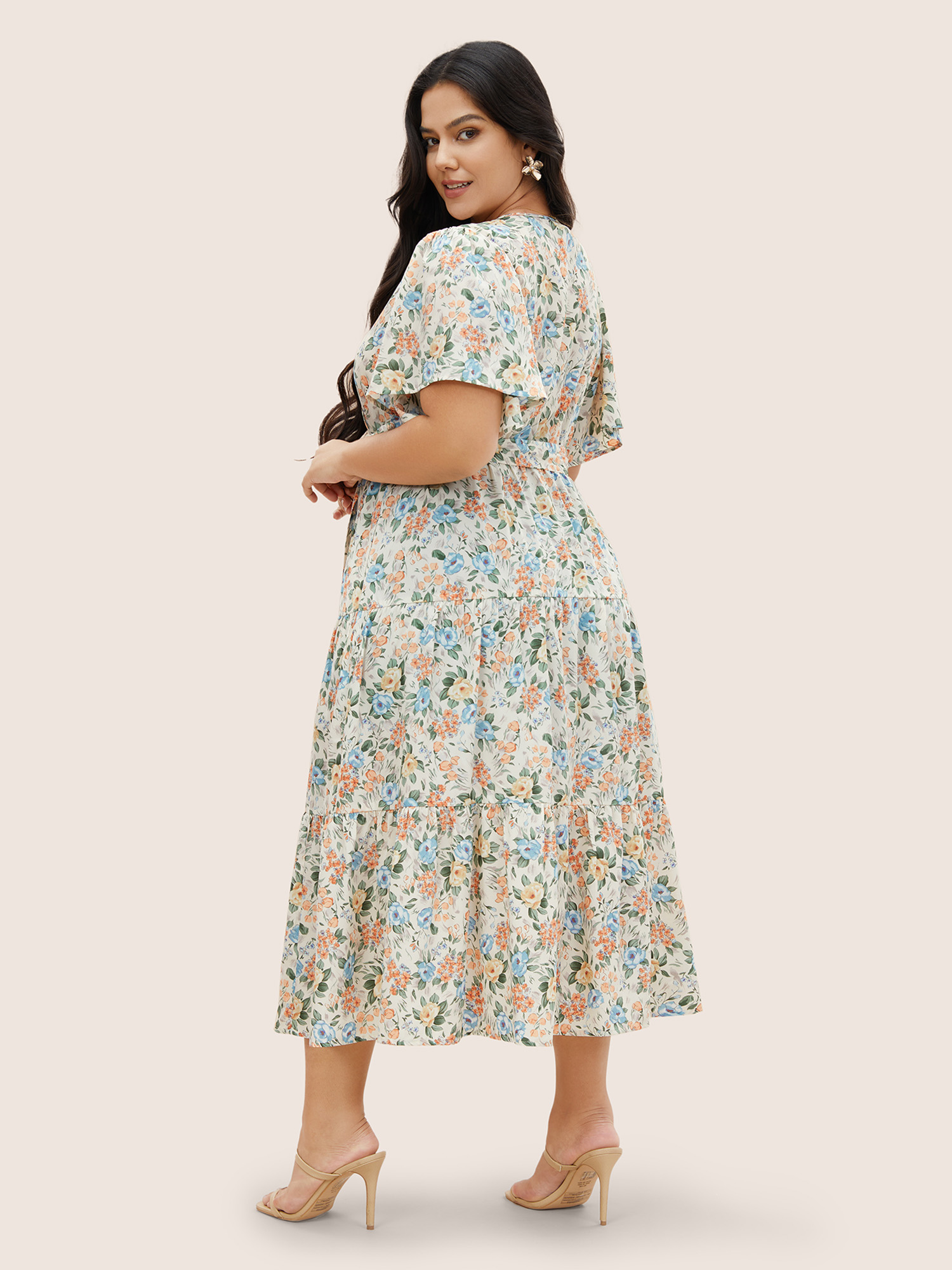 

Plus Size Floral Overlap Collar Ruffle Sleeve Belted Dress Apricot Women Overlapping V-neck Short sleeve Curvy Midi Dress BloomChic