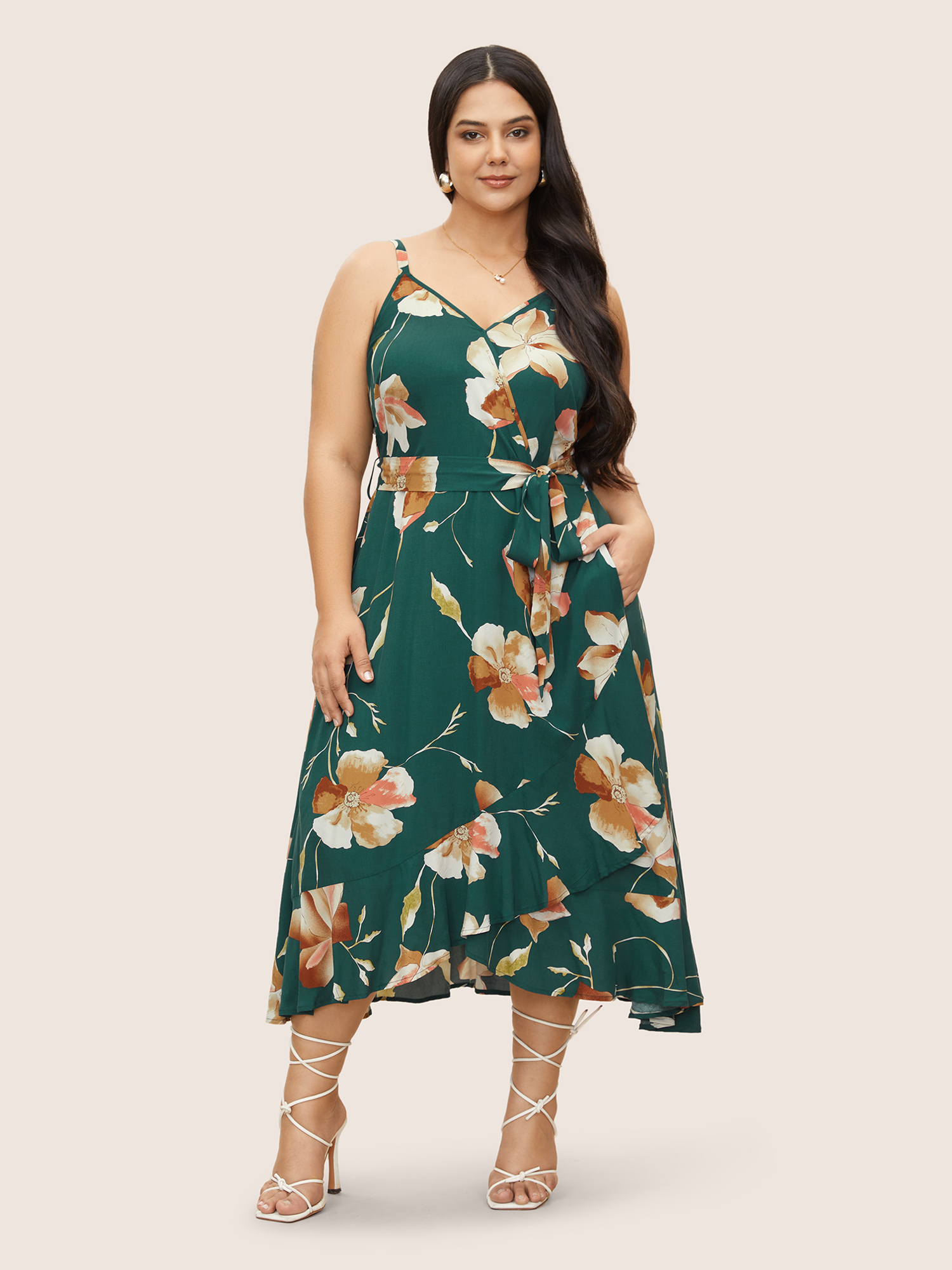 

Plus Size Floral Surplice Neck Belted Cami Dress DarkGreen Women Elegant Overlapping Non Sleeveless Curvy BloomChic