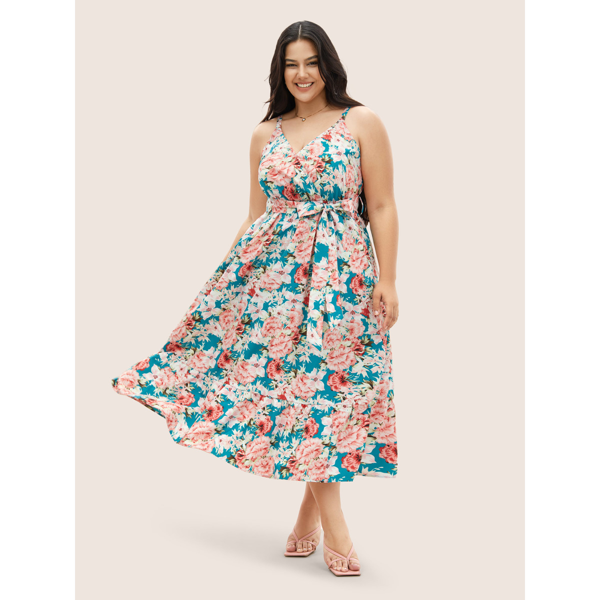 

Plus Size Floral Print Wrap Belted Cami Dress Cerulean Women Overlapping Curvy Midi Dress BloomChic