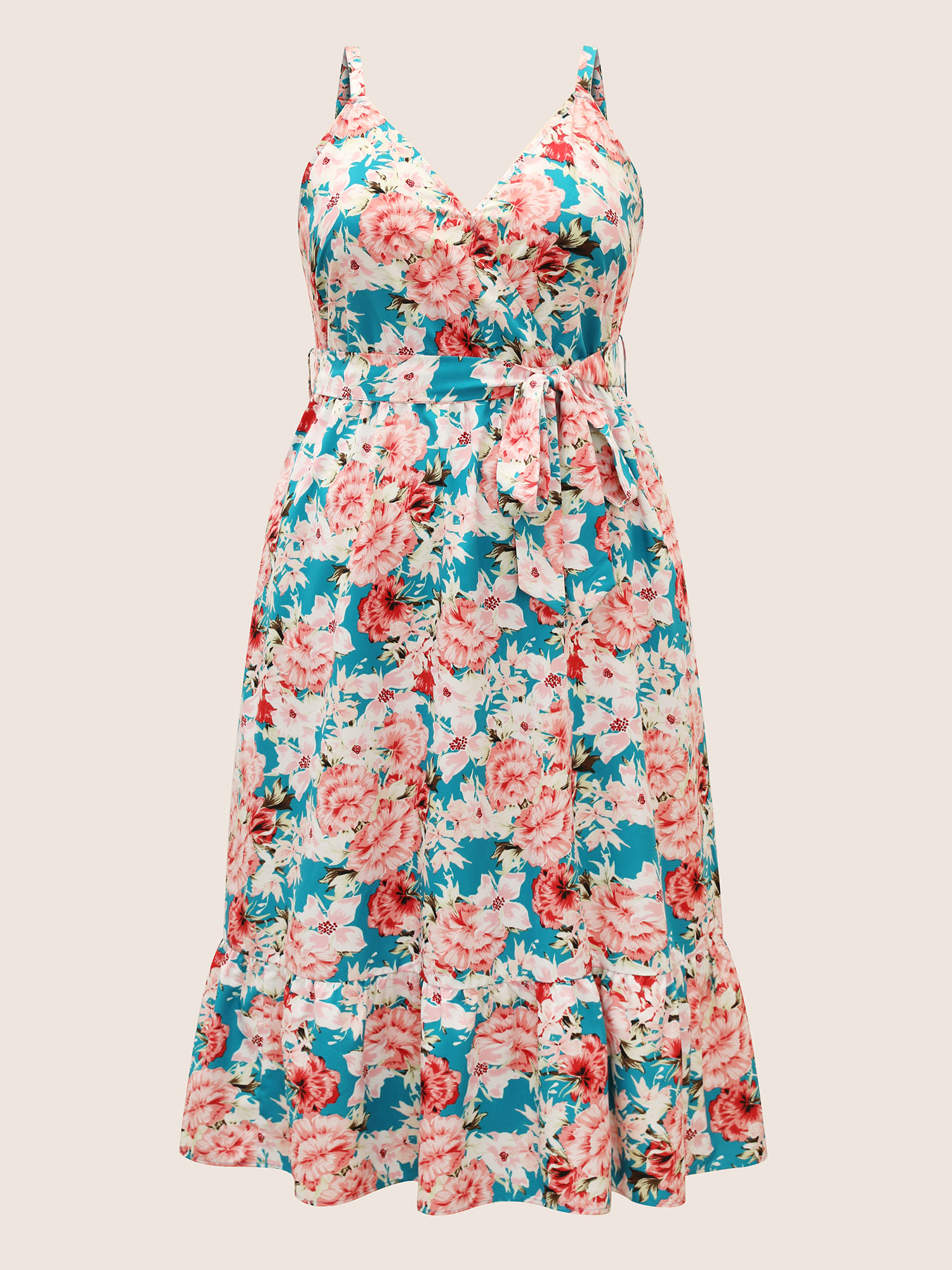 

Plus Size Floral Print Wrap Belted Cami Dress Cerulean Women Overlapping Curvy Midi Dress BloomChic