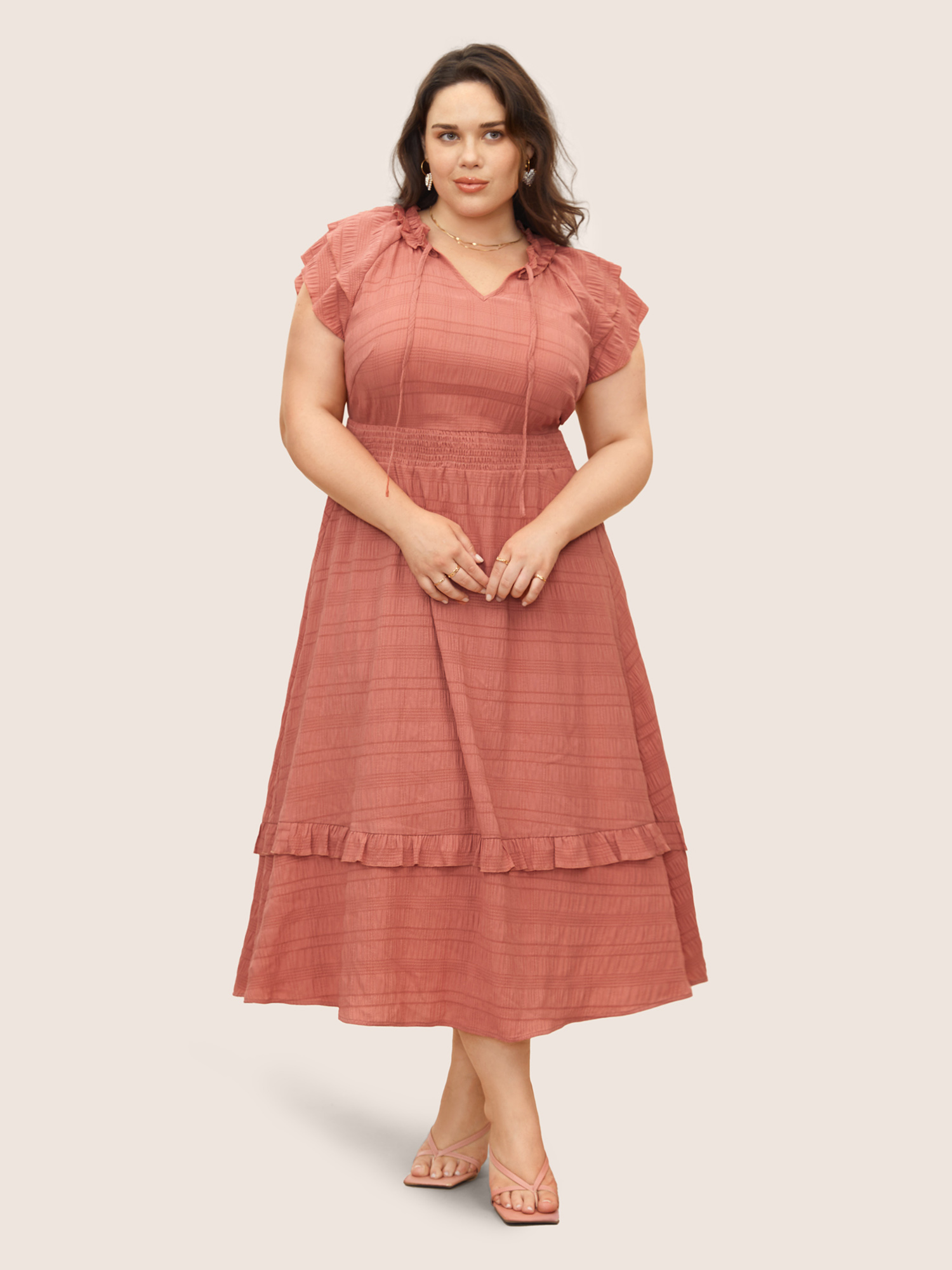 

Plus Size Texture Tiered Ruffles Shirred Tie Knot Dress Coral Women Tie knot Flat collar with V-notch Cap Sleeve Curvy BloomChic