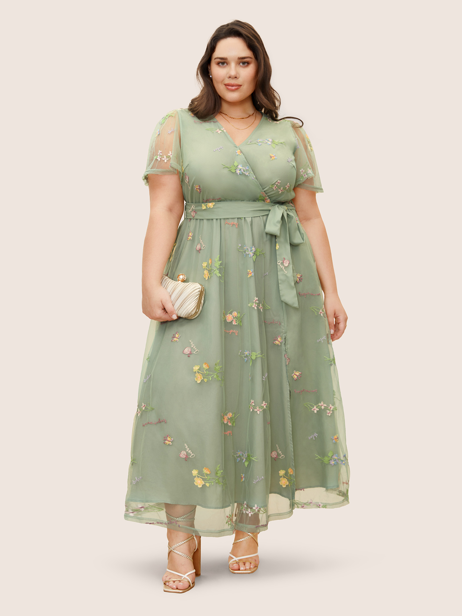 

Plus Size Overlap Collar Mesh Floral Embroidered Dress Mint Women Formal Overlapping V-neck Short sleeve Curvy BloomChic