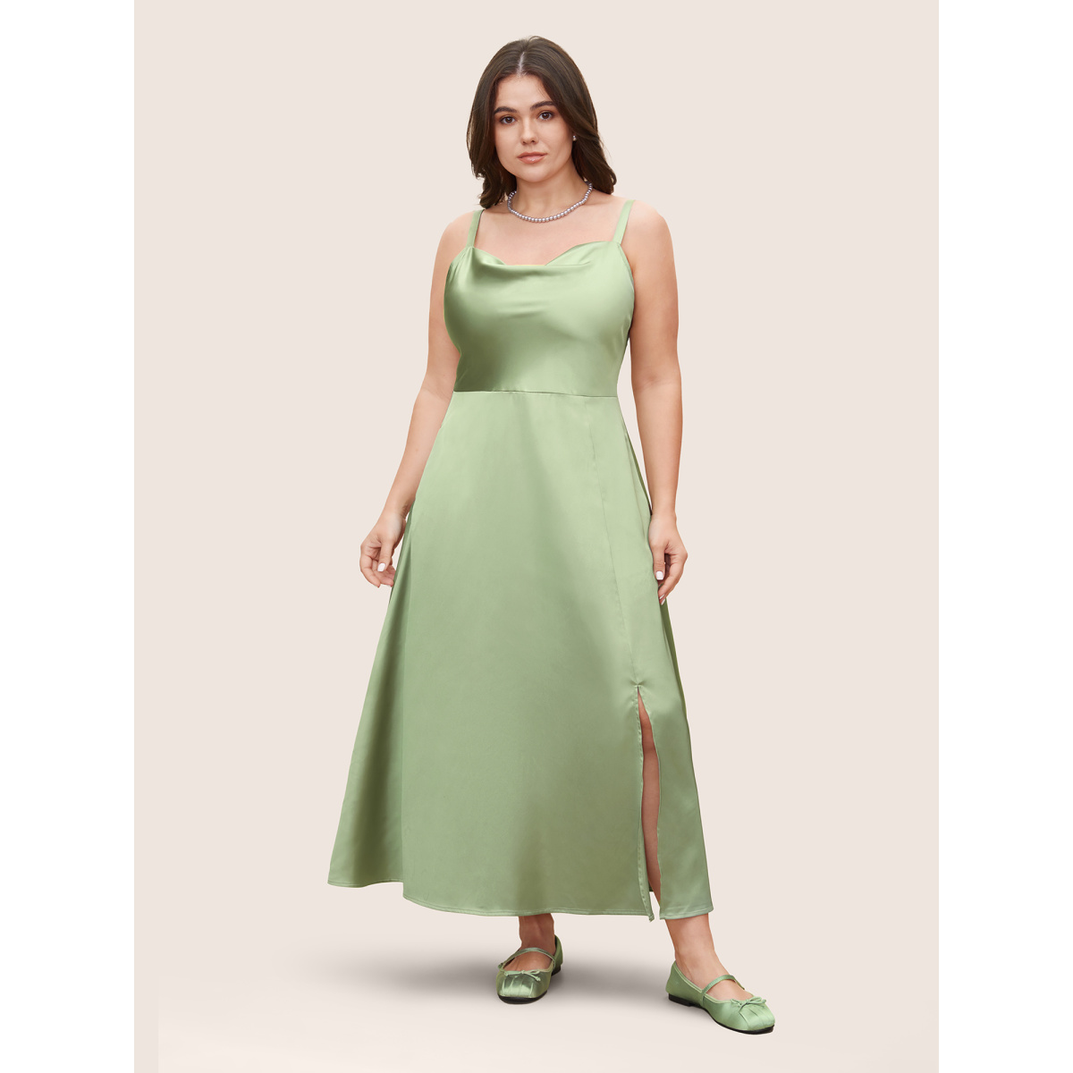 

Plus Size Satin Cowl Neck Split Front Cami Dress Mint Women Slit Curvy Midi Dress BloomChic