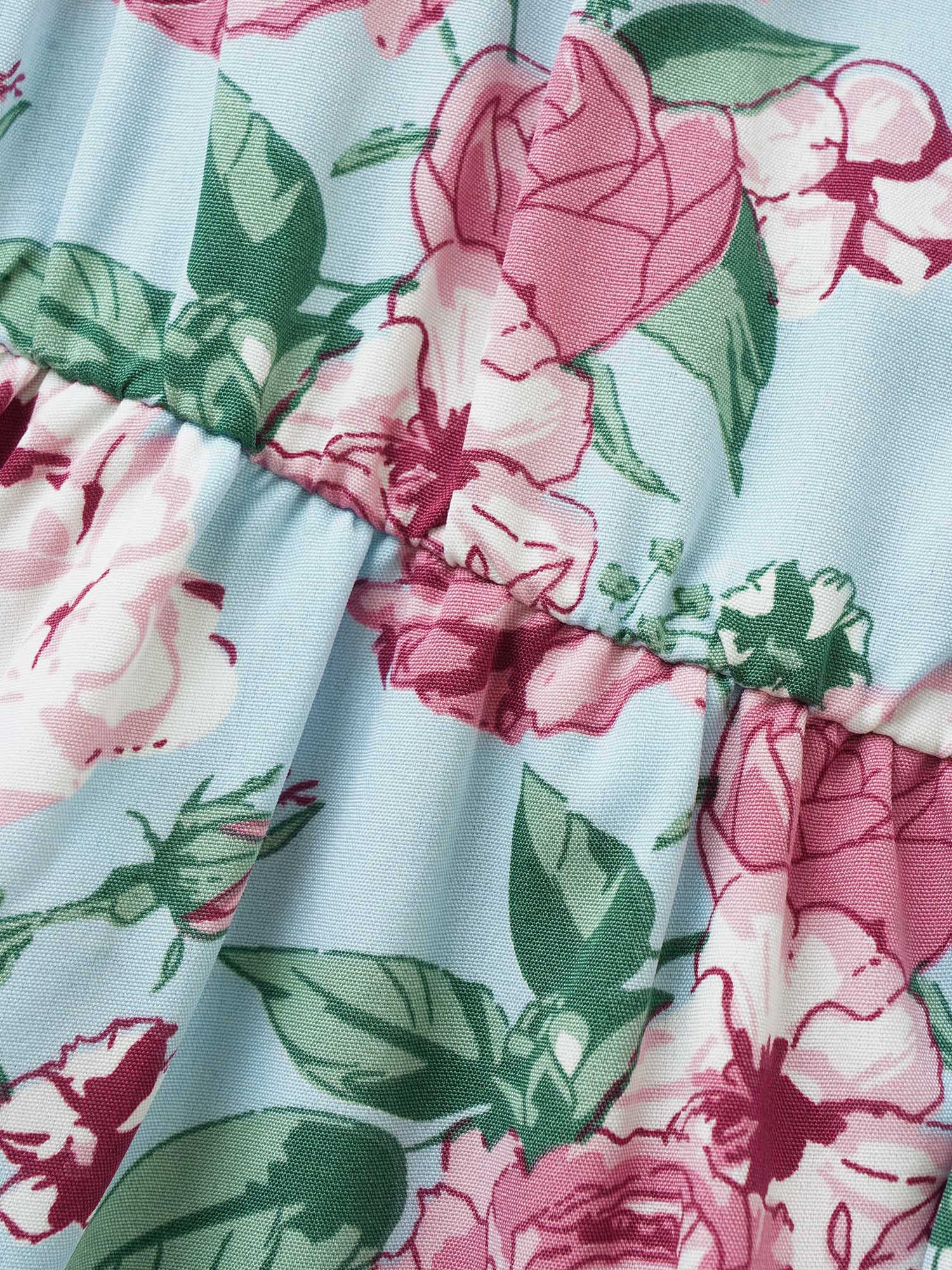 Plus Size Floral Button Detail Gathered Petal Sleeve Dress LightBlue Women Elegant Gathered V-neck Short sleeve Curvy BloomChic 10/M 
