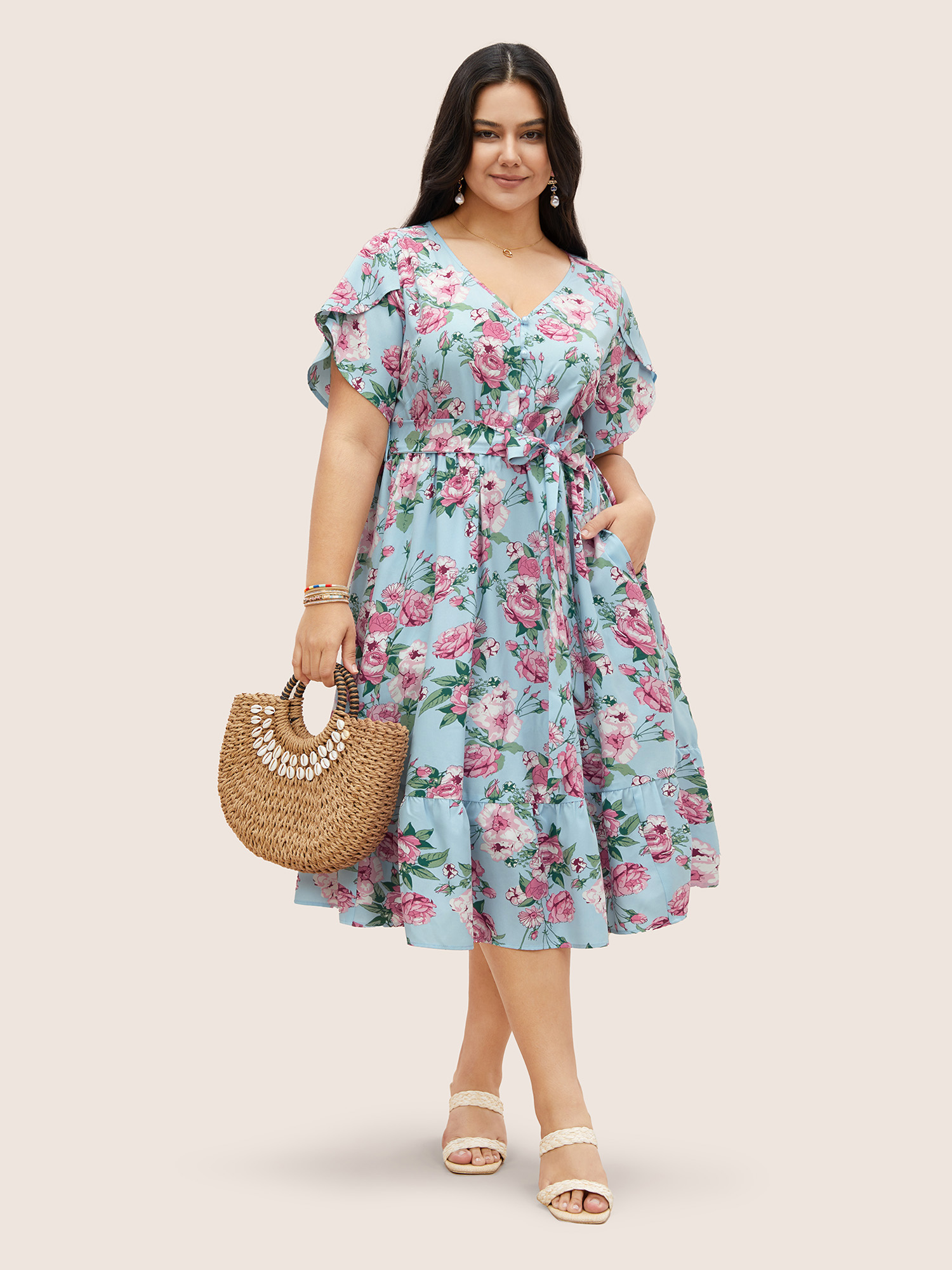 

Plus Size Floral Button Detail Gathered Petal Sleeve Dress LightBlue Women Elegant Gathered V-neck Short sleeve Curvy BloomChic