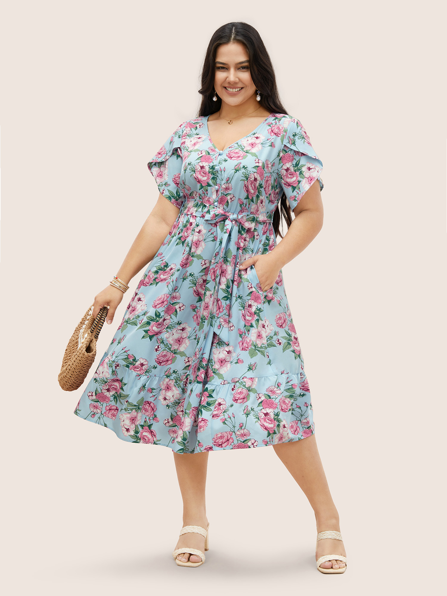 Plus Size Floral Button Detail Gathered Petal Sleeve Dress LightBlue Women Elegant Gathered V-neck Short sleeve Curvy BloomChic 10/M 