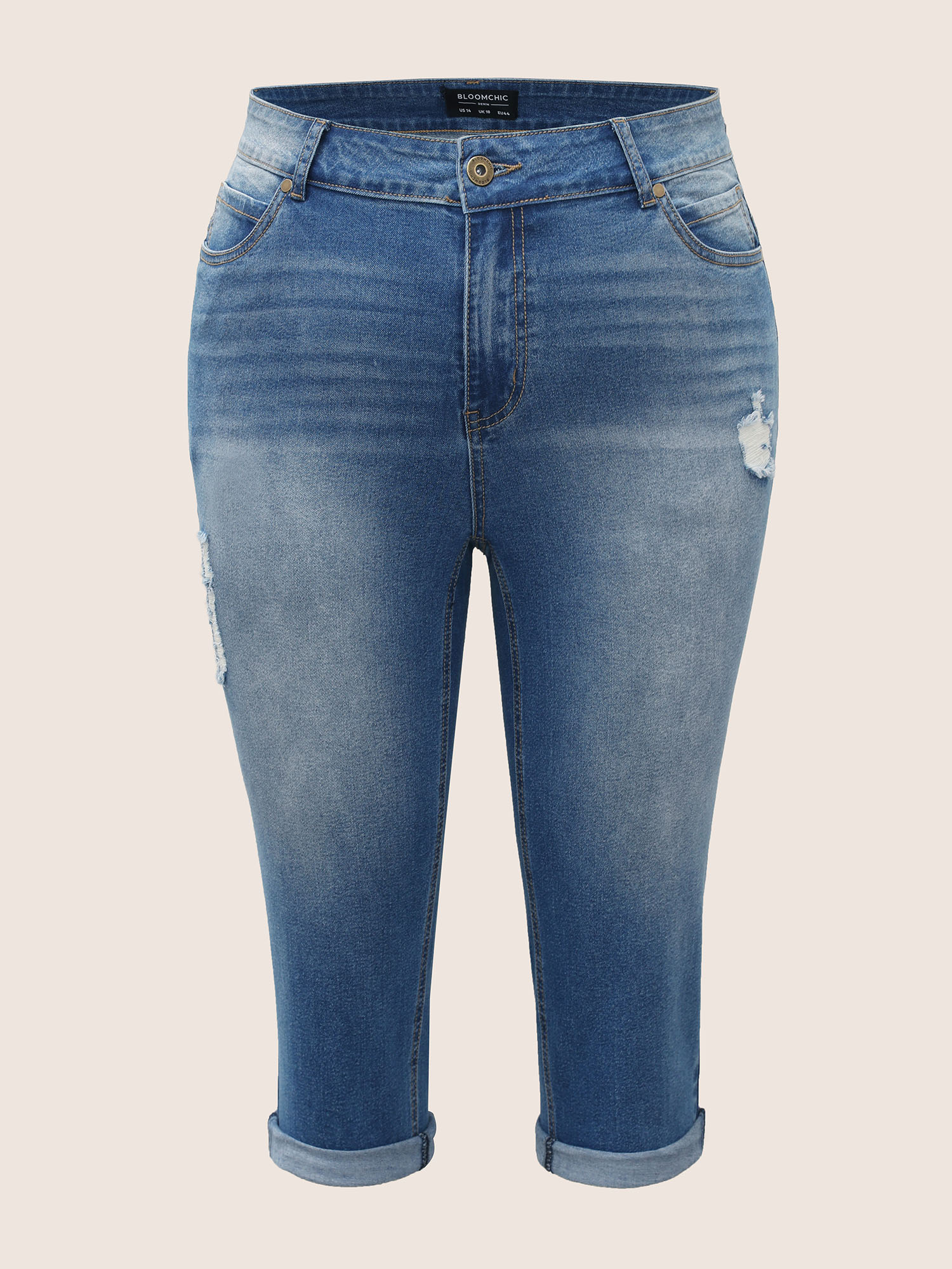 Plus Size Light Wash Distressed Roll Hem Jeans Women Blue Casual Roll Hem High stretch Pocket Jeans BloomChic 24/3X 