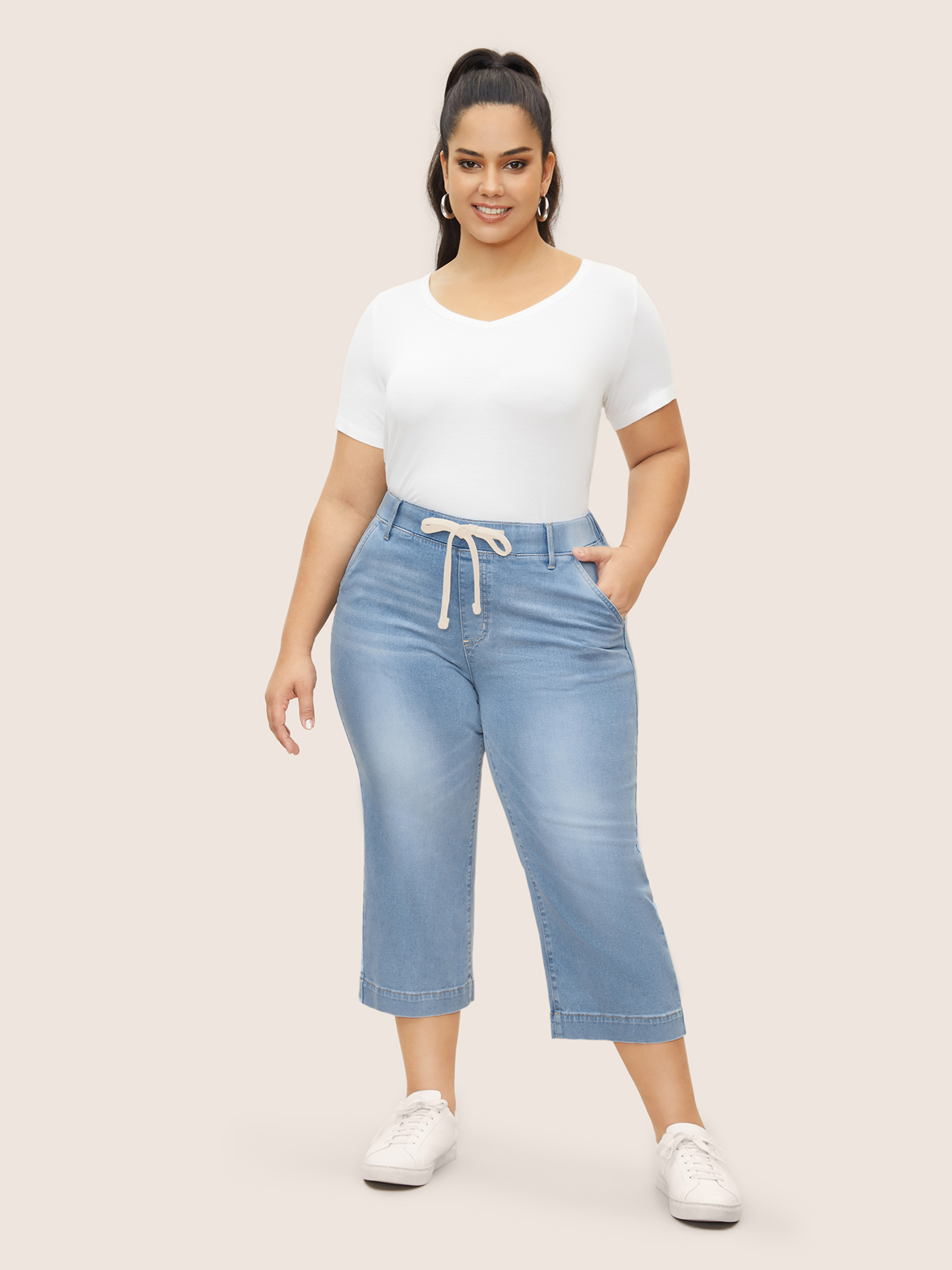 Plus Size Light Wash Drawstring Straight Leg Jeans Women LightBlue Casual Drawstring High stretch Slanted pocket Jeans BloomChic 20/2X 