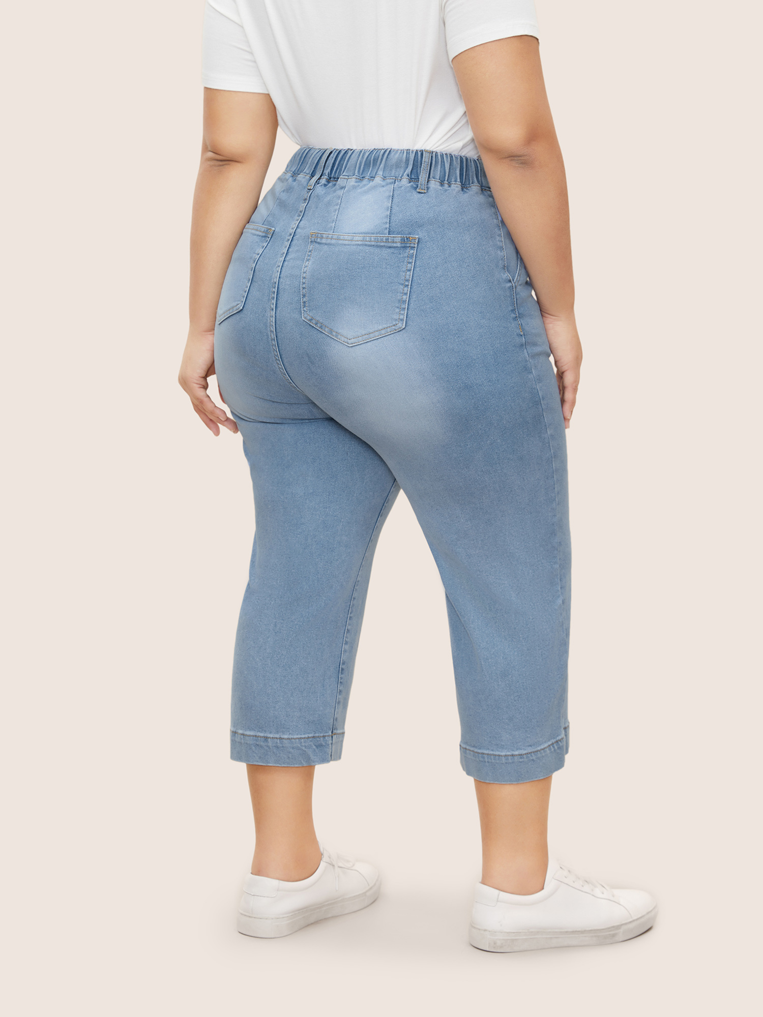 Plus Size Light Wash Drawstring Straight Leg Jeans Women LightBlue Casual Drawstring High stretch Slanted pocket Jeans BloomChic 20/2X 