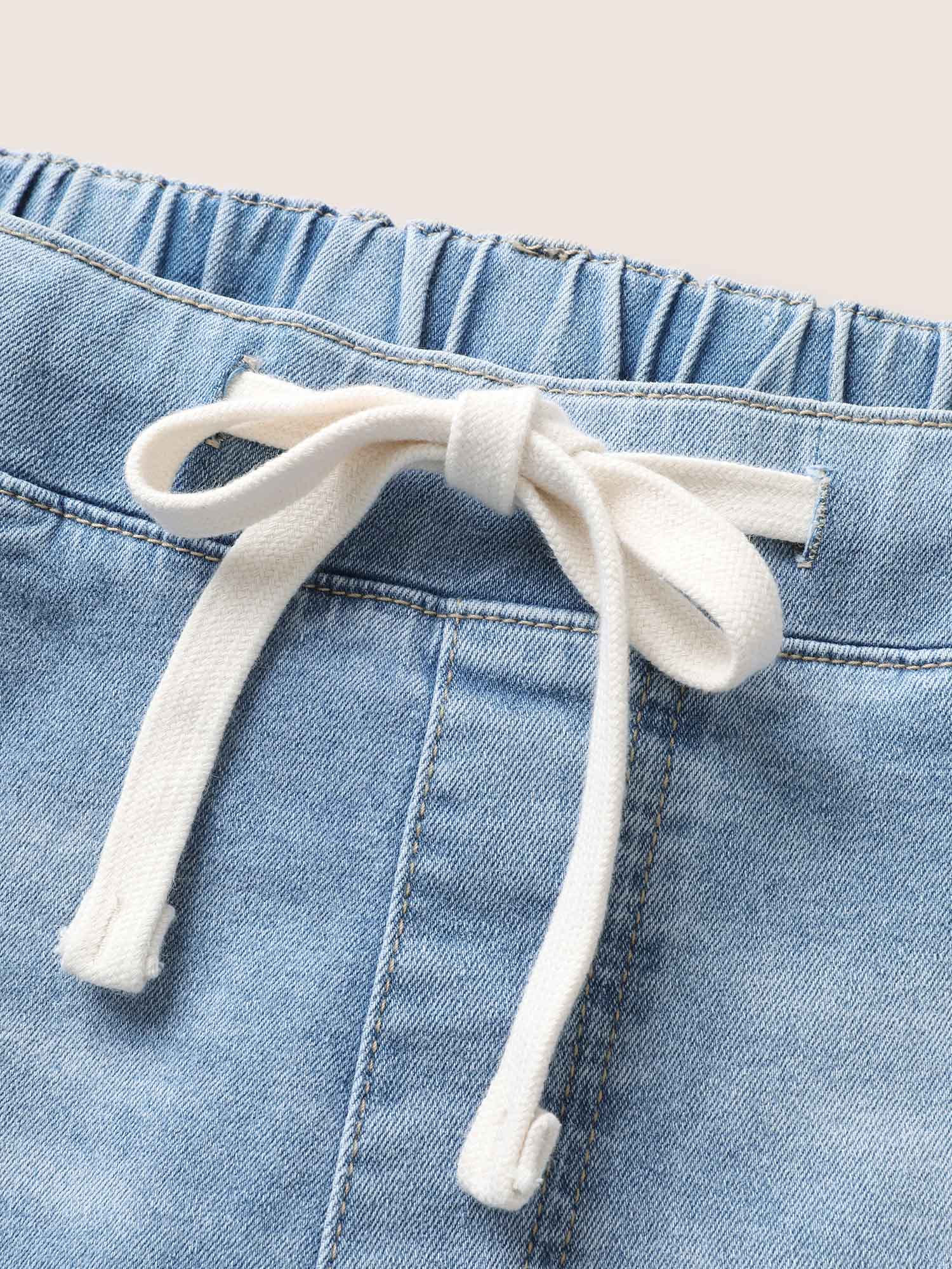 Plus Size Light Wash Drawstring Straight Leg Jeans Women LightBlue Casual Drawstring High stretch Slanted pocket Jeans BloomChic 20/2X 