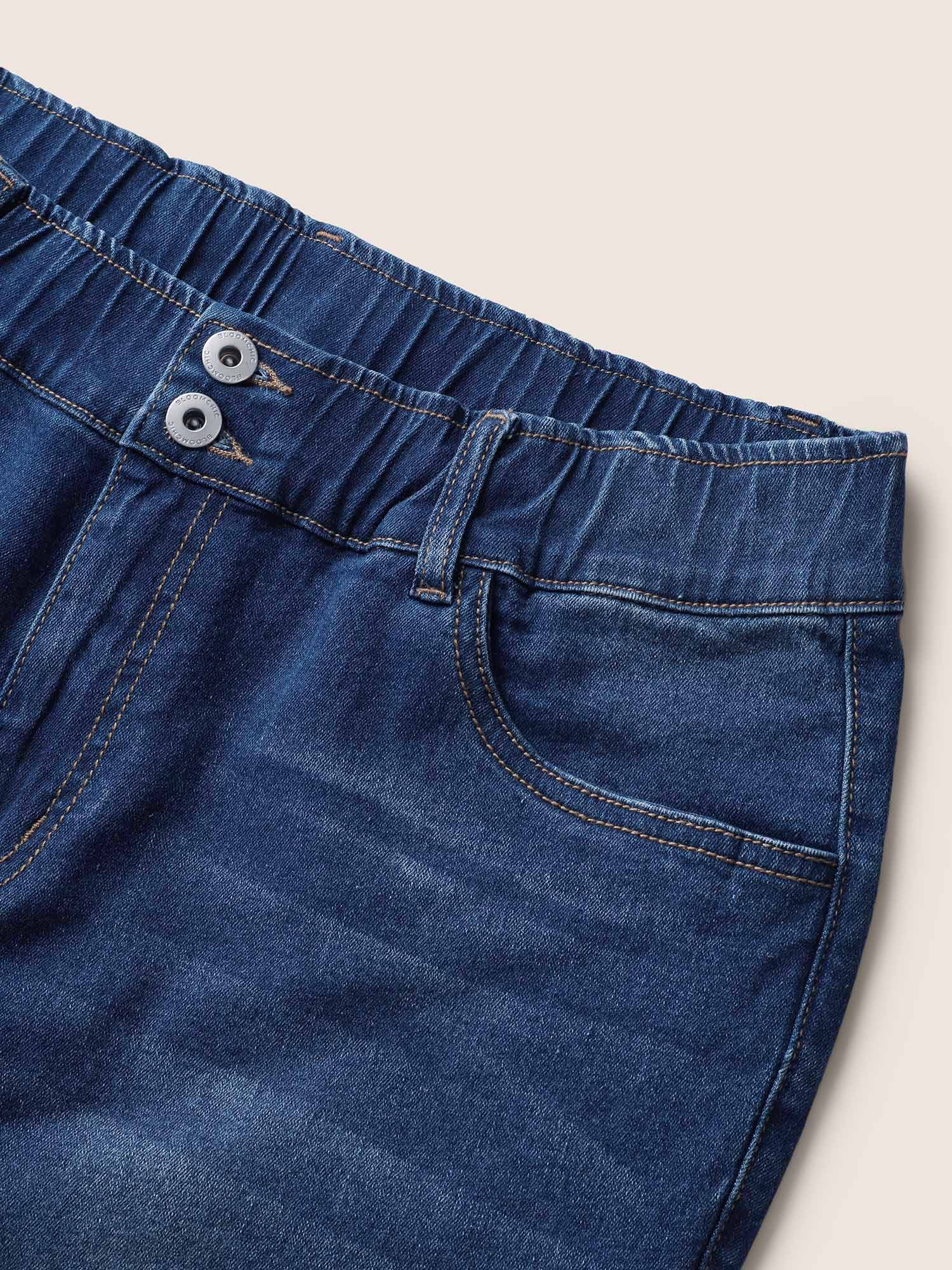 Plus Size Dark Wash Elastic Waist Split Side Jeans Women Blue Casual Slit High stretch Slanted pocket Jeans BloomChic 28/5X 