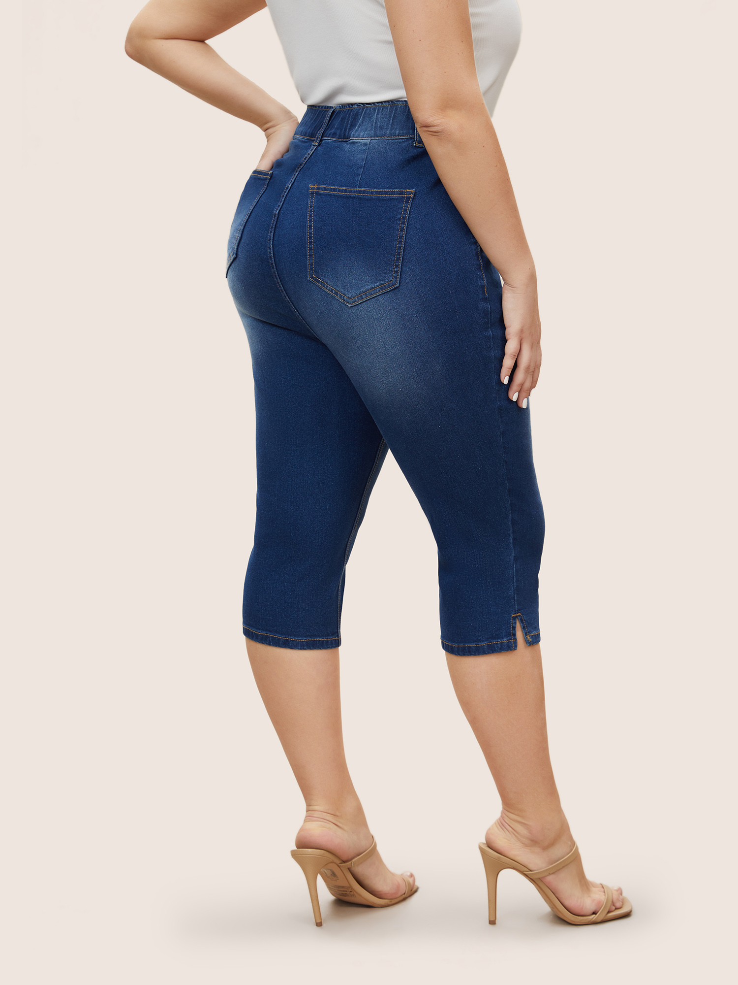 Plus Size Dark Wash Elastic Waist Split Side Jeans Women Blue Casual Slit High stretch Slanted pocket Jeans BloomChic 28/5X 